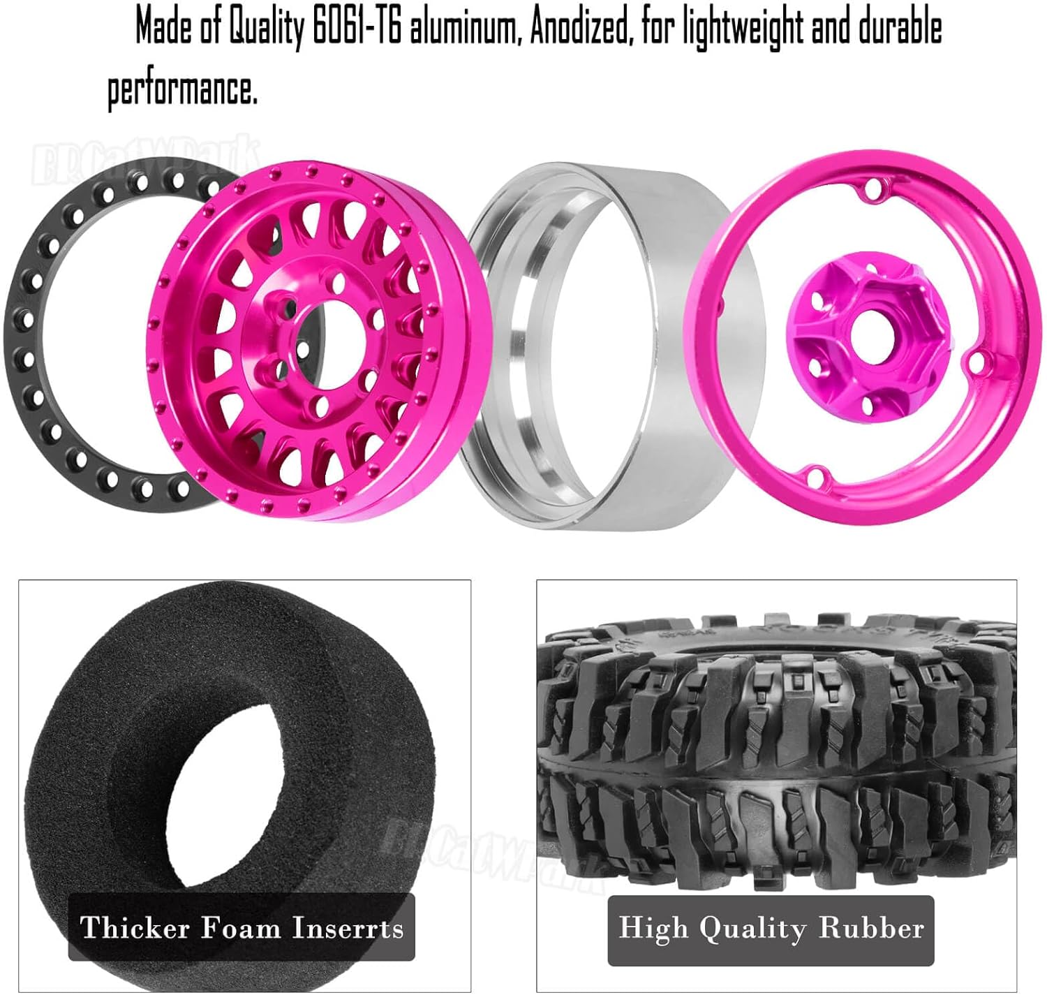 Rc 1.9 Wheel Tires for 1/10 TRX4 TRX6 SCX10 SCX10 II 90046 SCX10 III AXI03007 SCX10 Pro Gen7/8 D90 VS4-10 MST CFX RC Crawler Car,4pcs Aluminum RC 1.9 Beadlock Wheel,Pink