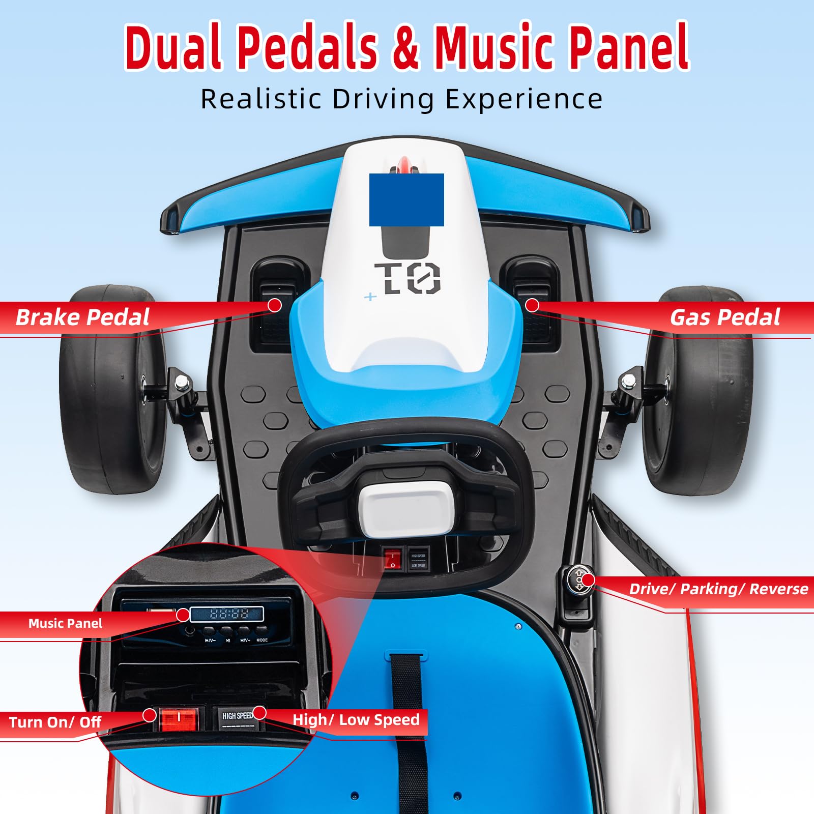 24V Electric Go Kart for Kids, Drift Cart with 2x200W Powerful Motors, 7AH Battery, Max 8MPH Drift Kart, Safety Belt, Slow Start, Music, High-Speed Crazy Cart Ride on for Kids Ages 6-12 - Blue - 3