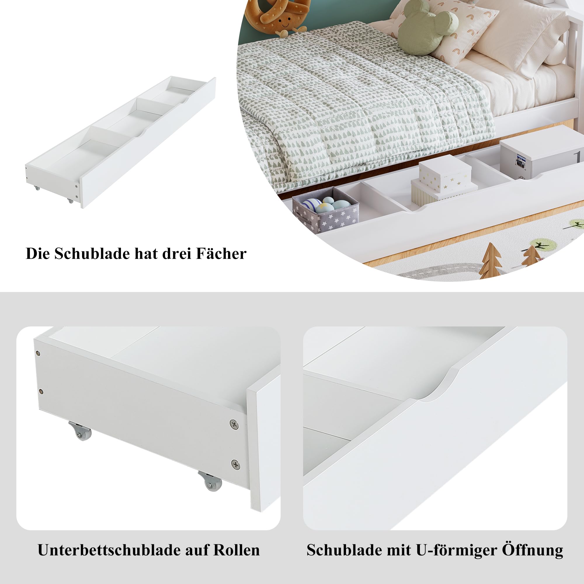 Kinderbett Etagenbett 90x200 cm&120x200 cm, Hochbett mit Kinderrutsche, Schubladen mit Rollen, Stauraum Treppen mit Handlauf, Bettgestell mit Lattenrost aus Holz und Rausfallschutz, Weiß