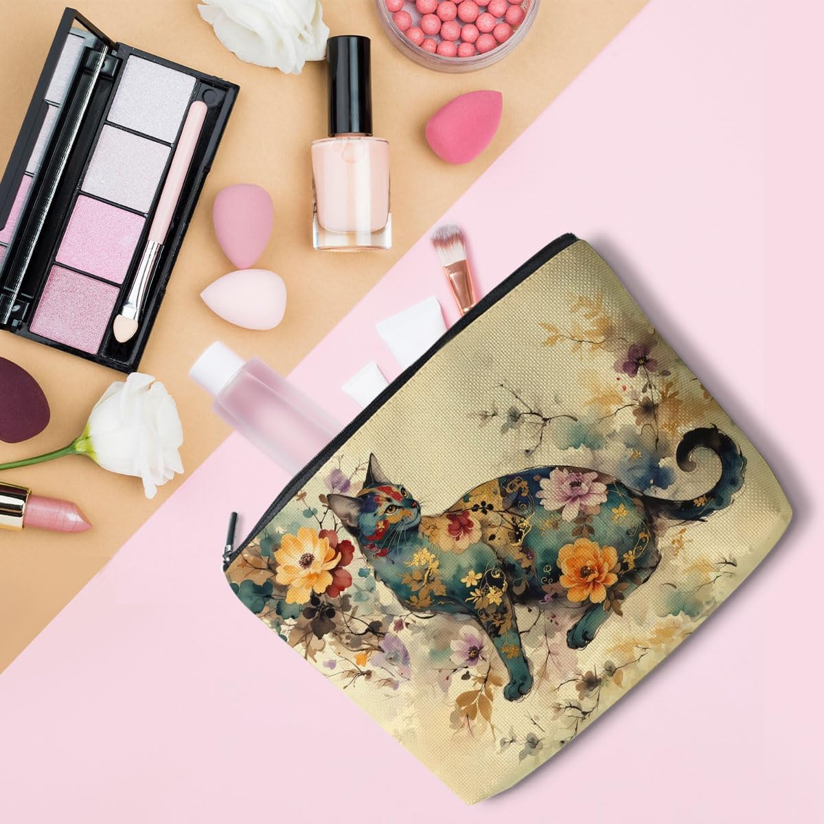 Vibrant Floral Cat Cosmetic Bag Cat Lover Gifts Small Makeup Bag Travel Toiletry Makeup Organizer Zipper Pouch Christmas Thanksgiving Birthday Gifts for Women Girls Friend Sister - Image 5