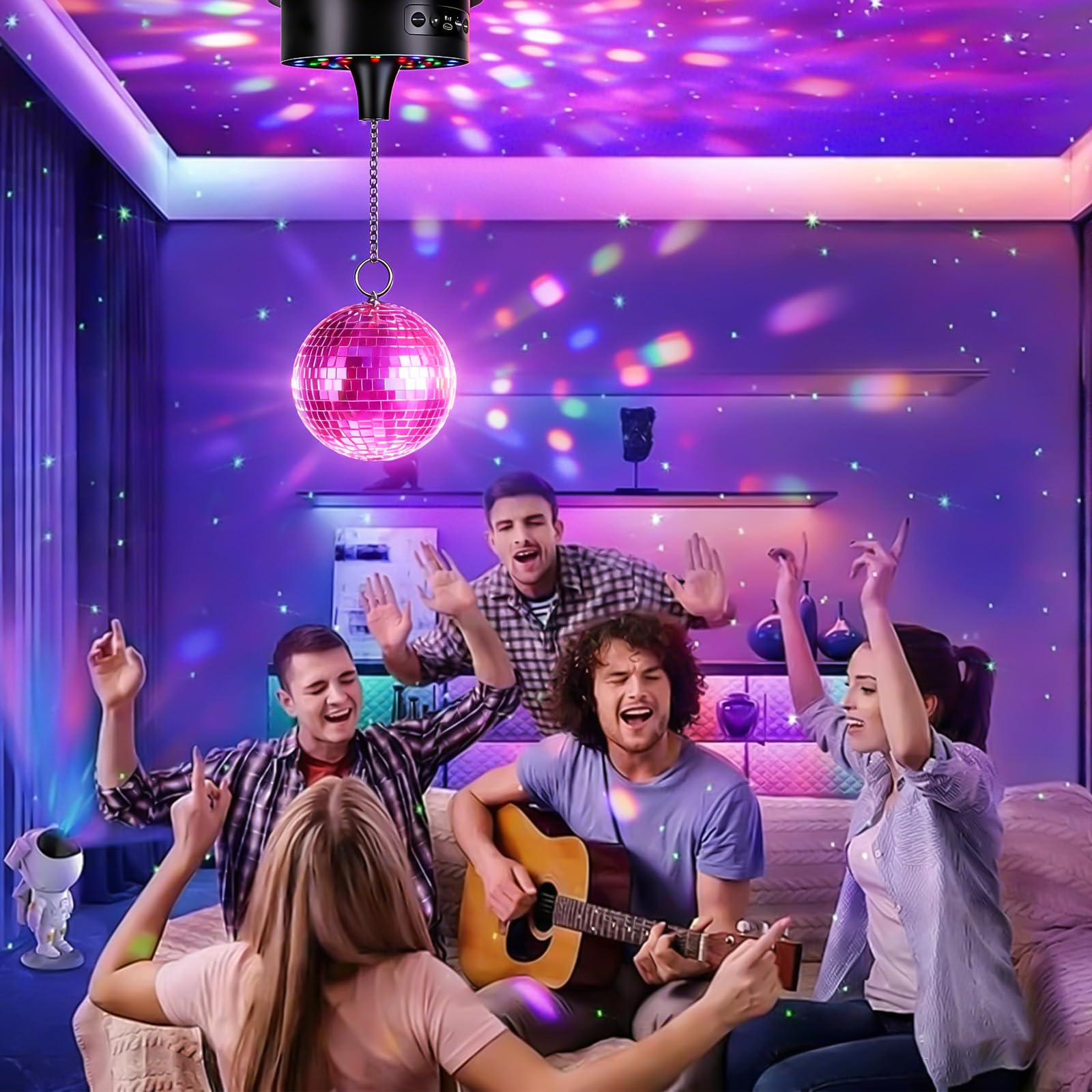 Motor de bola de discoteca con luz LED, motor giratorio de espejo con control remoto, luz de discoteca de 30 perlas LED, velocidad ajustable, accionamiento silencioso para bola de discoteca