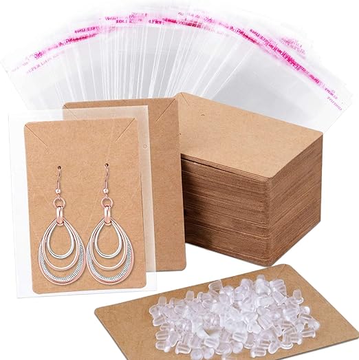Anezus 100 Pcs Earring Display Cards with 200 Earring Backs and 100 Self-Sealing Bags for Earrings, Necklace & Jewelry Display, Kraft Color 3.5x2.4 Inches
