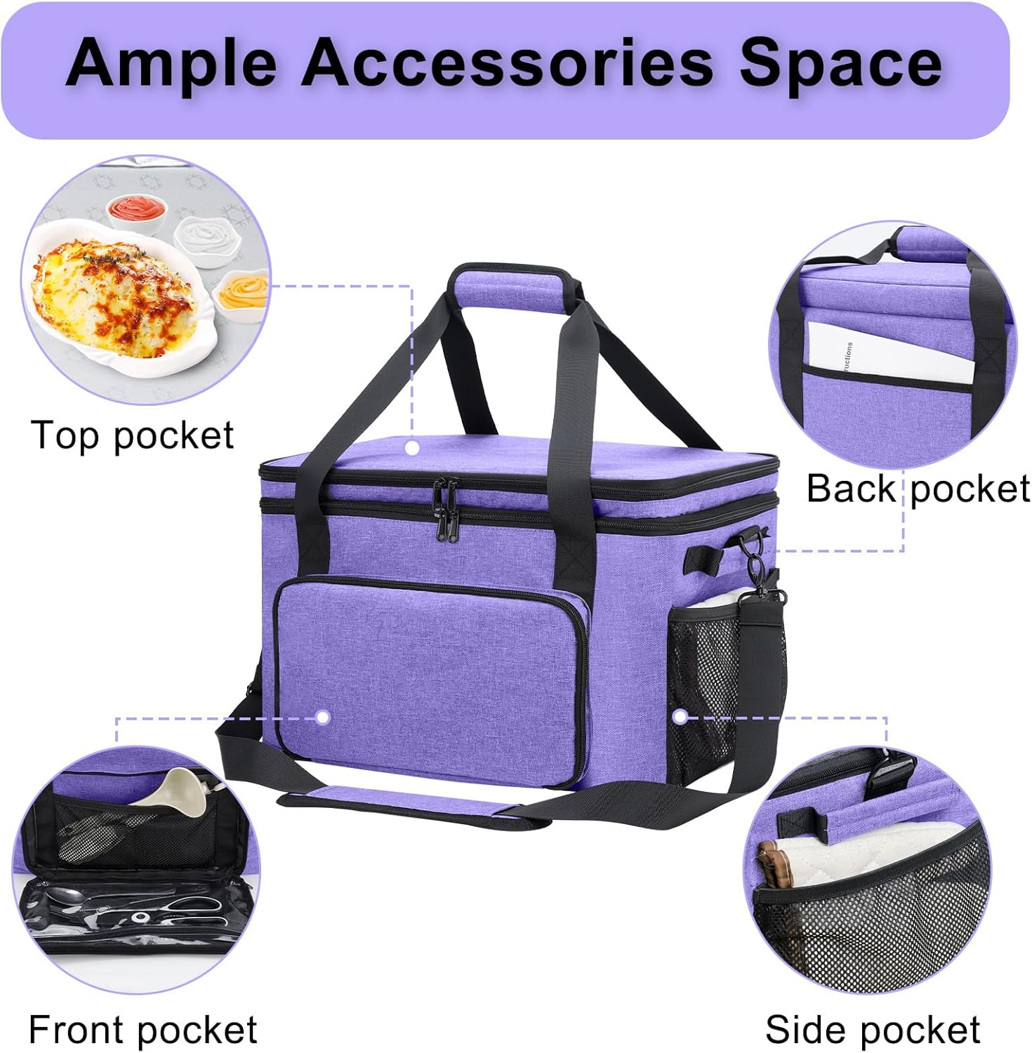 Slow Cooker Carrying Bag, Double Layer Insulated Design Slow Cooker Carrier with Removable Hard Liner and Pot Lid Fastener Fit for 6-8 Quart Crock Pot, Purple