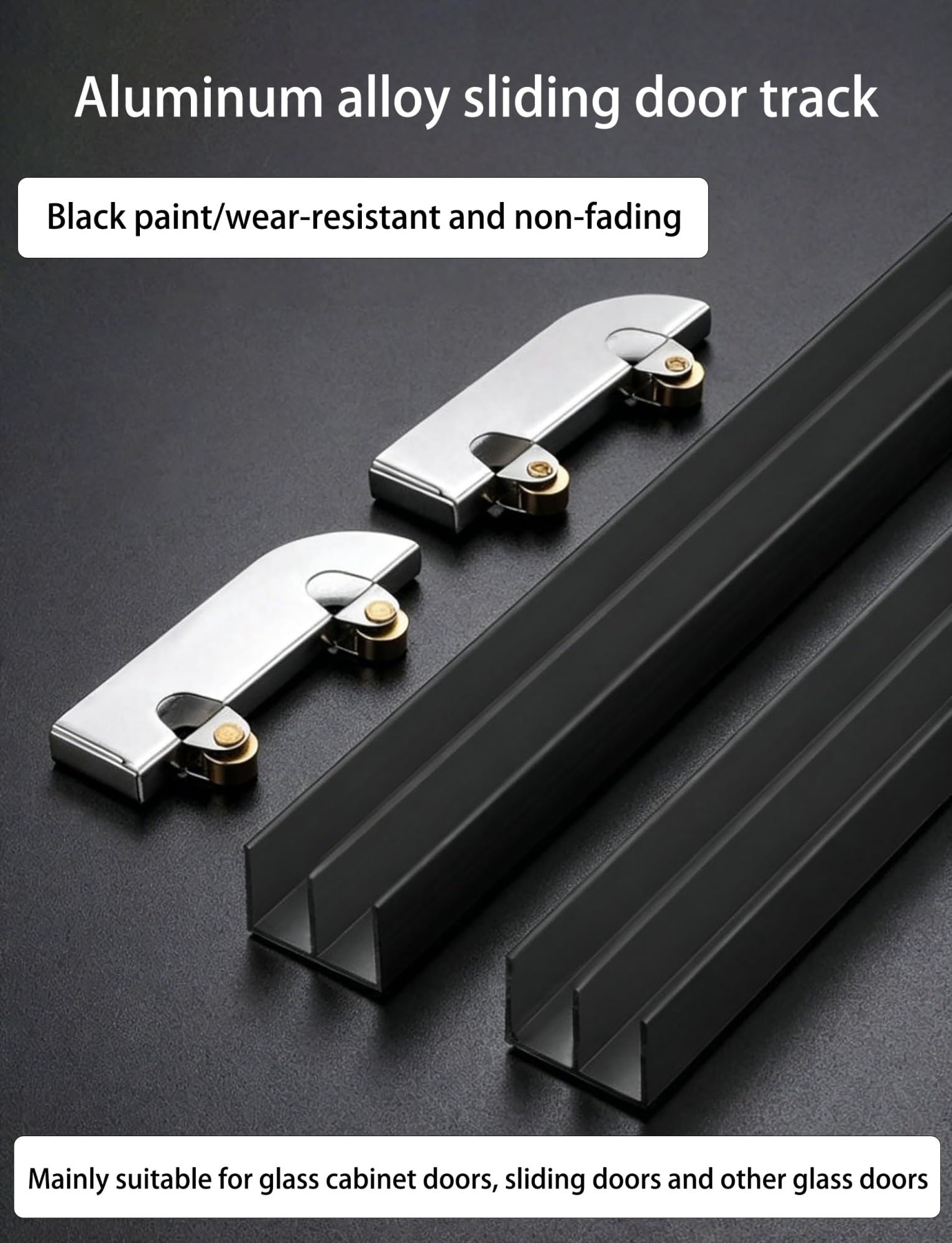Zestaw prowadnic do szklanych drzwi przesuwnych 5 mm, czarny aluminiowy dwukanałowy suwak do szafki, 1 zestaw(140cm/55.1in)