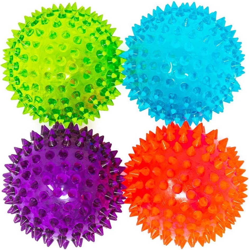 Set of 4 Spiky Bounce Balls 6.5 CM - Sensory Light Up Balls - Disco Balls Light, Squishy Stress Relief Fidget Squeezy Spikey Ball Toy Specially Kids Party Bag Fillers (Karrma Ltd.)