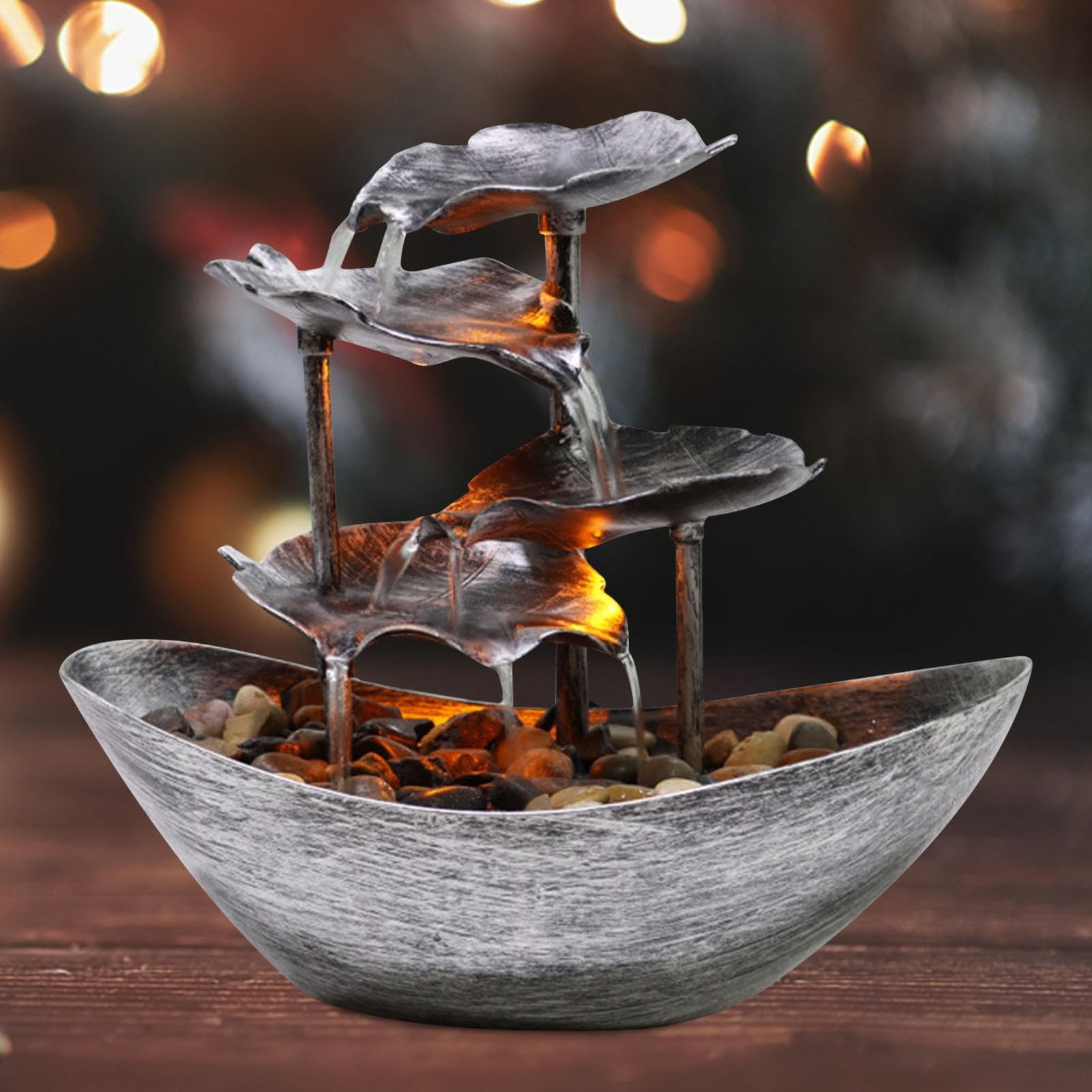 Fuente pequeña de cascada para interiores? Fuente de mesa de 4 niveles | Fuente de escritorio de relajación con bomba automática USB, luces LED, llave, decoración dorada y plateada de 10 pulgadas pa