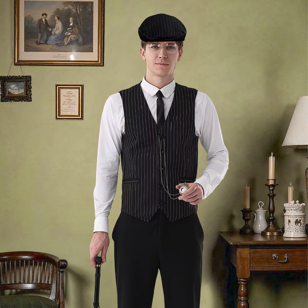 1920s Mens Costume Roaring 20s Costumes Accessories Set 1920s Vest Suspenders Hat Pocket Watch Tie - Image 5
