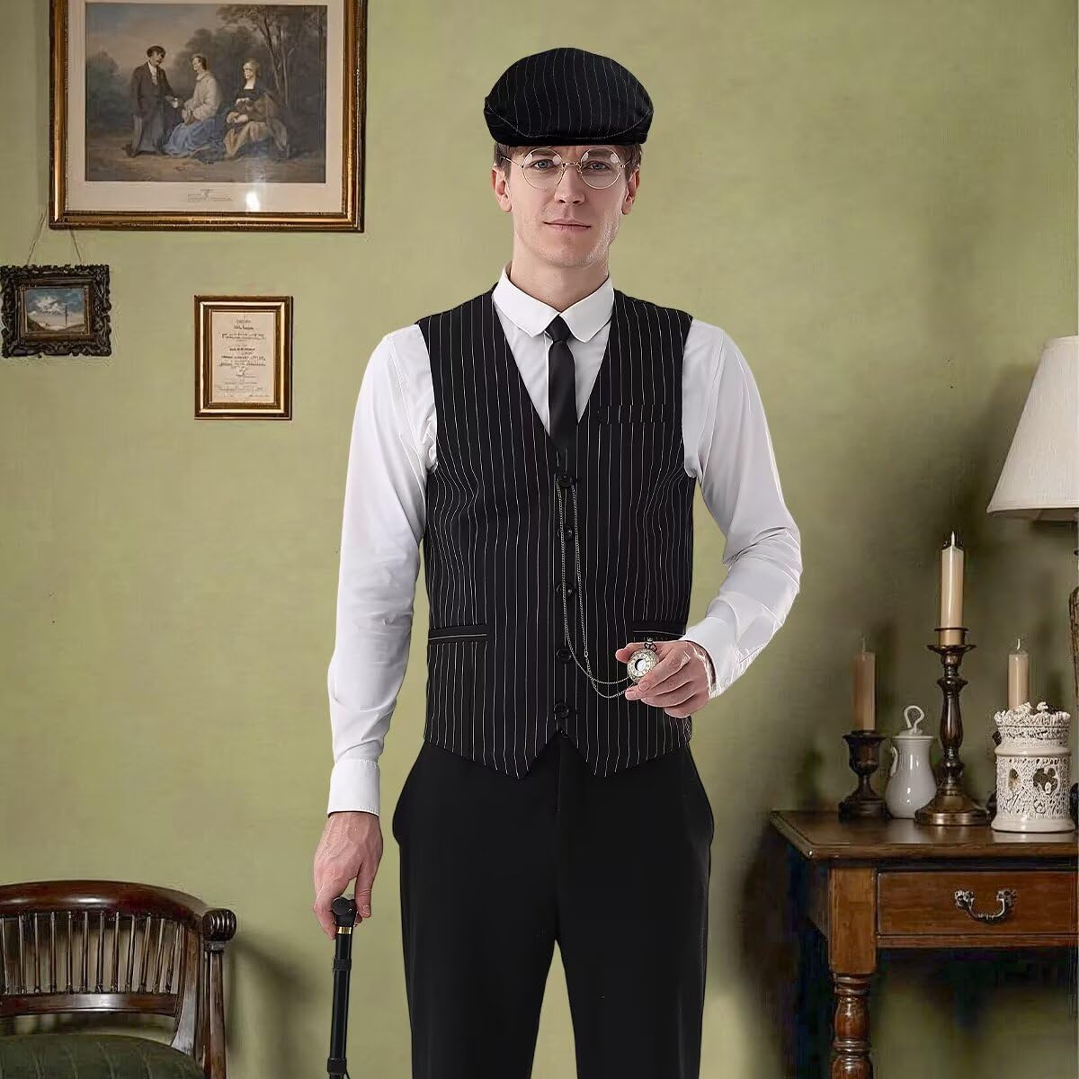 VillbeCoser 1920er Jahre Herren-Kostüm, brüllende 20er-Jahre-Kostüme, Zubehör-Set, 1920er-Jahre-Weste, Hosenträger, Hut, Taschenuhr, Krawatte