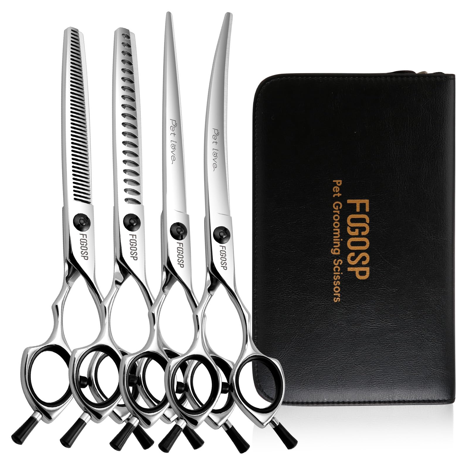 FOGOSP Dog Grooming Scissors Kit 7.5 in Professional Curved Thinning Straight Chunker Shears Grooming Big Dogs Poodle Pet Japan 440C Stainless Steel(7.5'',Kit)