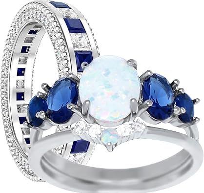 LaRaso & Co His and Her Wedding Set 3 Piece TRIO Opal Blue Sapphire CZ Silver Rings for Men Women