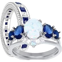 LaRaso & Co His and Her Wedding Set 3 Piece TRIO Opal Blue Sapphire CZ Silver Rings for Men Women