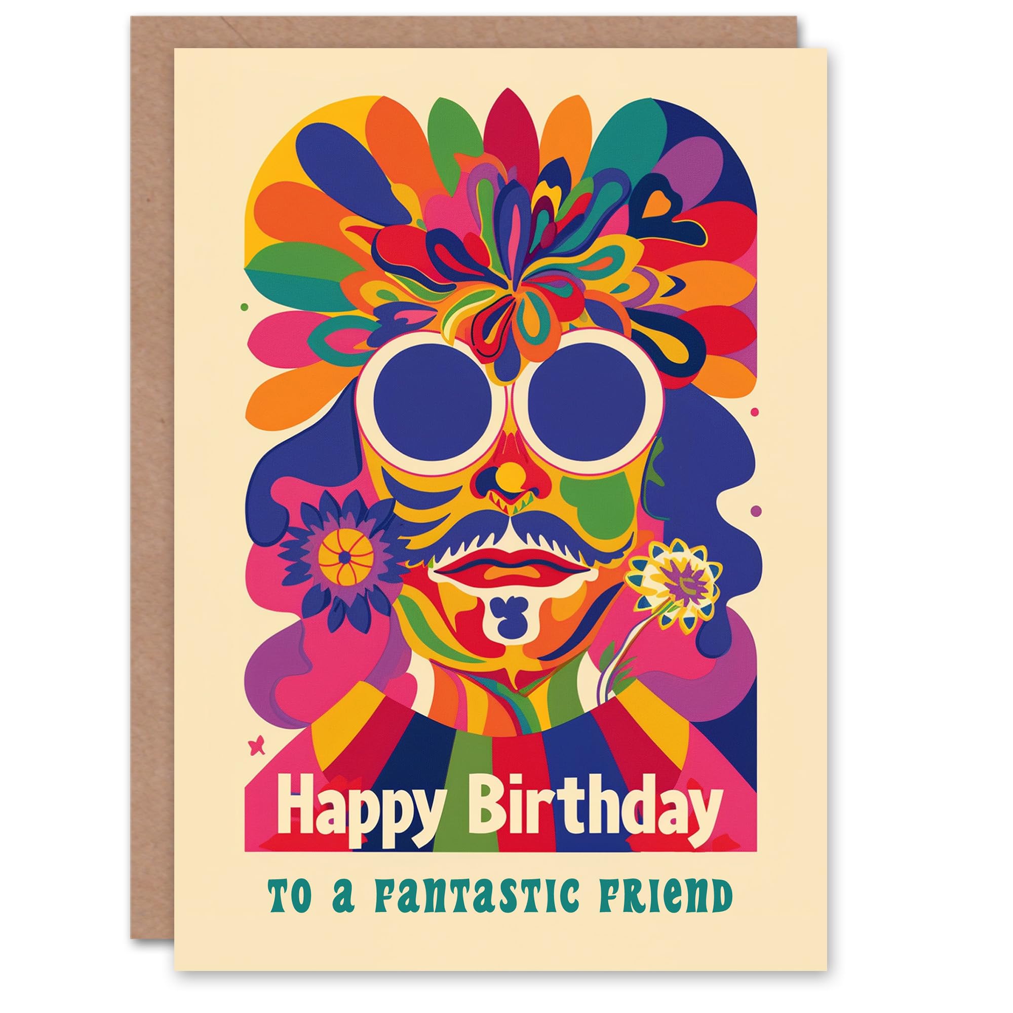 Artery8 Happy Birthday Card to a Fantastic Friend Colourful Trippy Hippy Psychedelic Retro Hippie