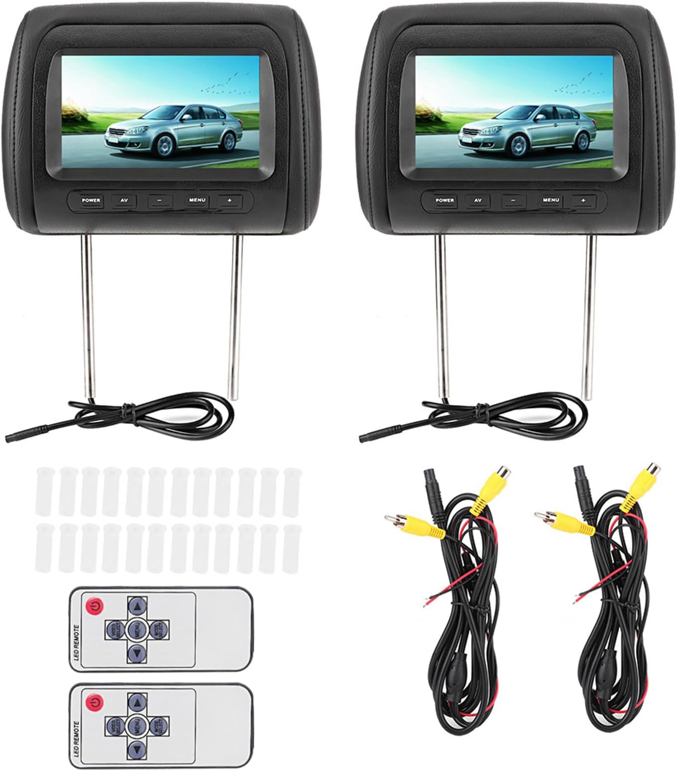 7 Inch Car Headrest LCD Display, 2pcs 16:9 800 X 480 Wide Screen, Support 2 Video Input, Universal Car Headrest Monitor with Wireless Remote Control, Easy Installation