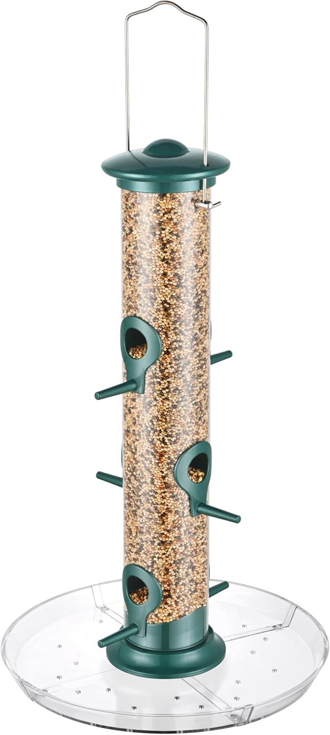 iBorn Comedero para pájaros con 6 puertos para colgar en el exterior, alimentador de pájaros cardenales de metal de aluminio, acabado verde, 14