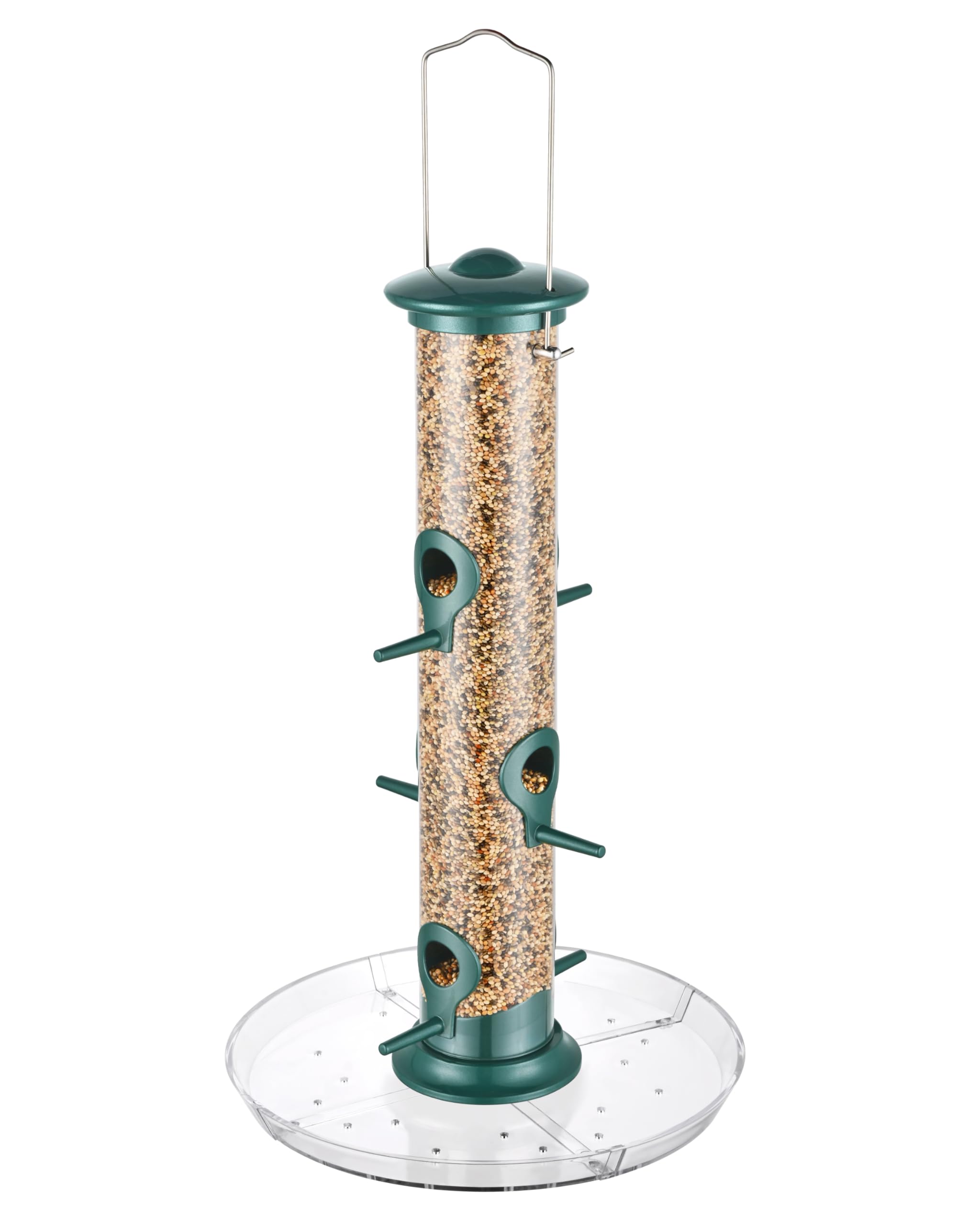 iBorn Comederos para pájaros para colgar en el exterior, comedero de pájaros de 6 puertos para pájaros cardenales, metal de aluminio, acabado verde de 14 pulgadas, 6 puertos (semillas no incluidas)