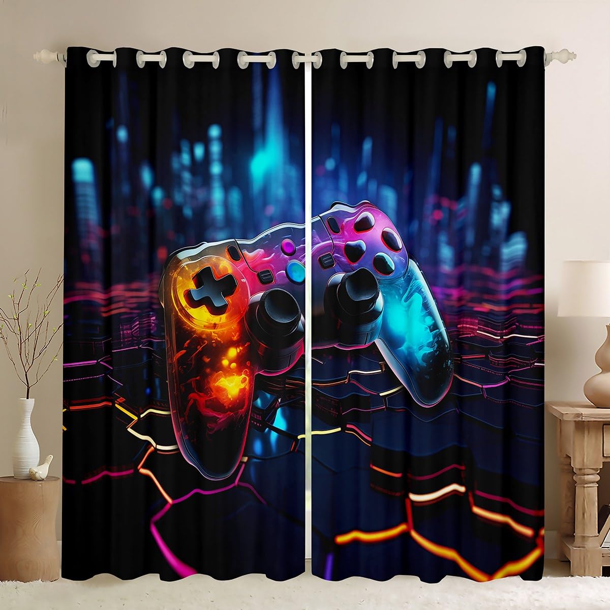 Manfei Video Game Blackout Curtain Geometric Honeycomb Window Drapes for Kids Boys Teen Room Decor, Modern Gamer Gaming Window Treatments Grommet Top 2 Panel Set Bedroom Curtains, 66Wx72L inch โ image 1