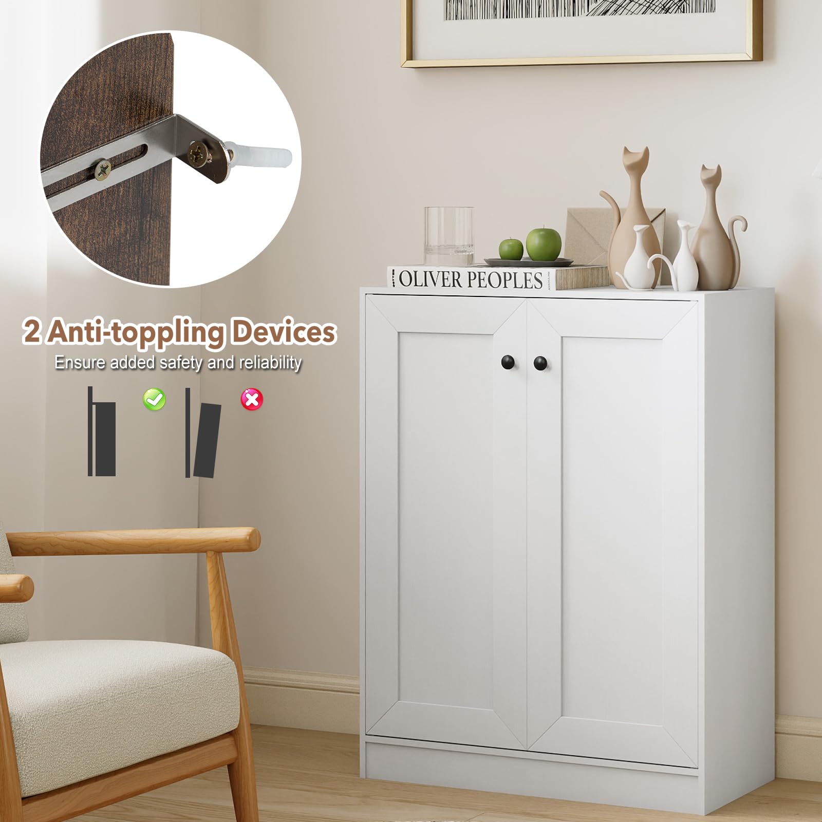 KOMFOTTEU Buffet Bas avec 2 Portes, Meuble Rangement de Cuisine, 3 Niveaux avec 2 Étagères réglables & Kit Anti-basculement, pour Salon, Salle à Manger, Chambre, Entrée, Blanc, 60 x 30 x 80 cm