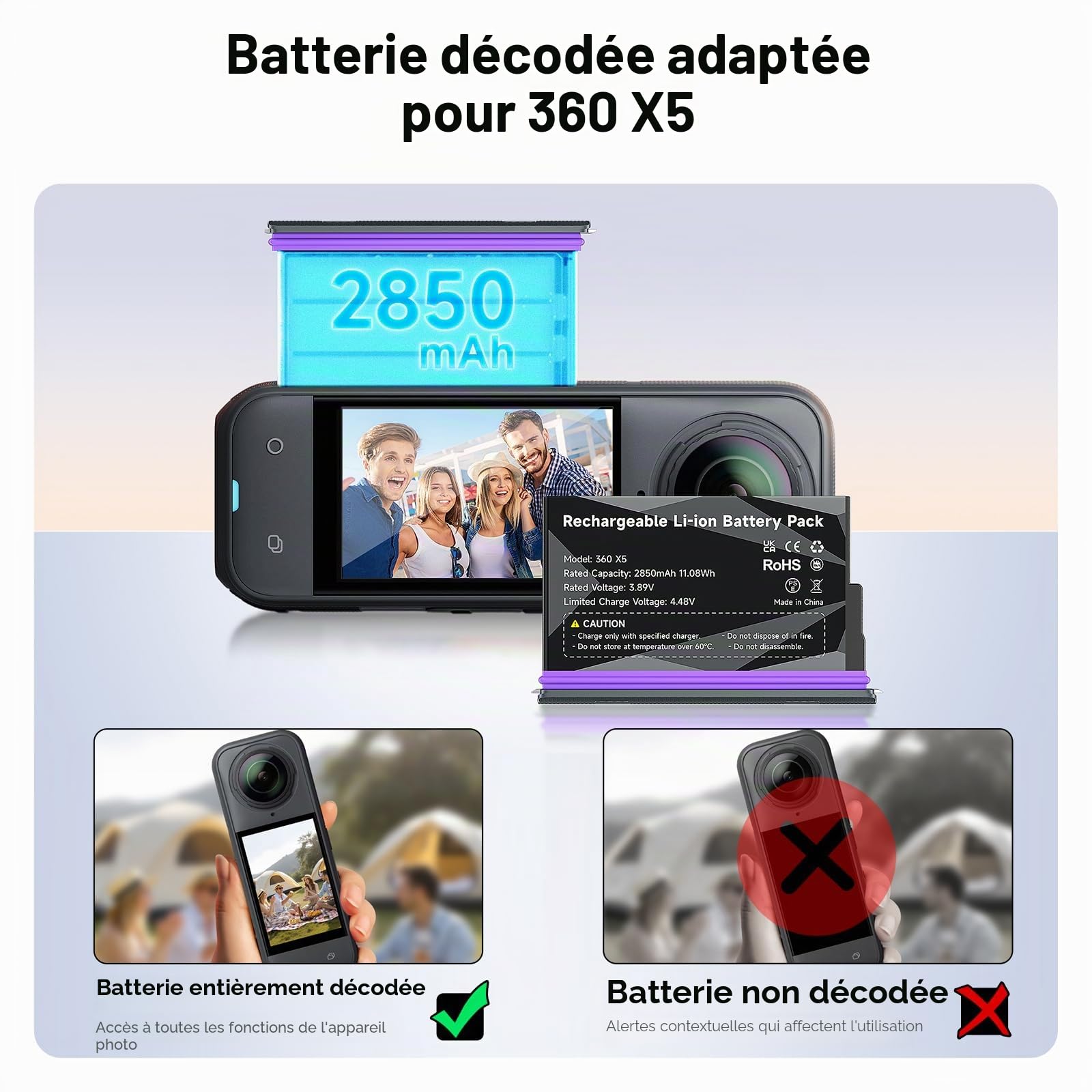CITYORK [Lot de 3] Batterie de rechange 2850 mAh pour appareil photo de sport Insta360 X5, batterie rechargeable pour accessoires Insta360 X5, longue durée de vie, remplacement facile [avec boîtier
