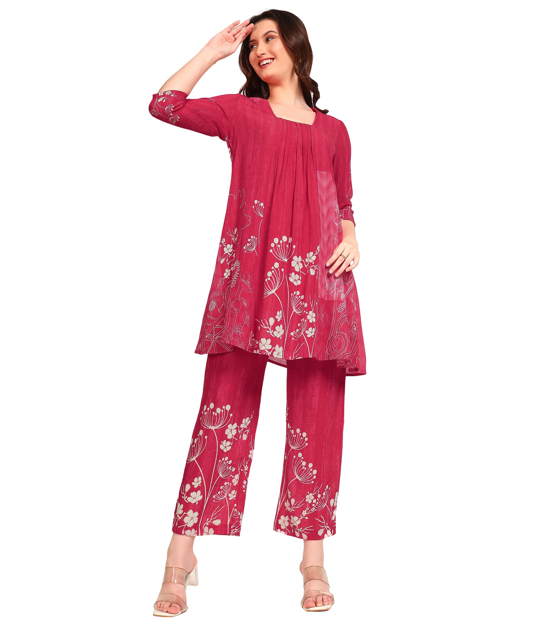 Placement Print Viscose Pleated Tunic with Pants Co-Ord Set for Women's|Square Neck Half Sleeves Relax Fit Stylish Summer Western Casual Wear Ladies Trendy Cord Set