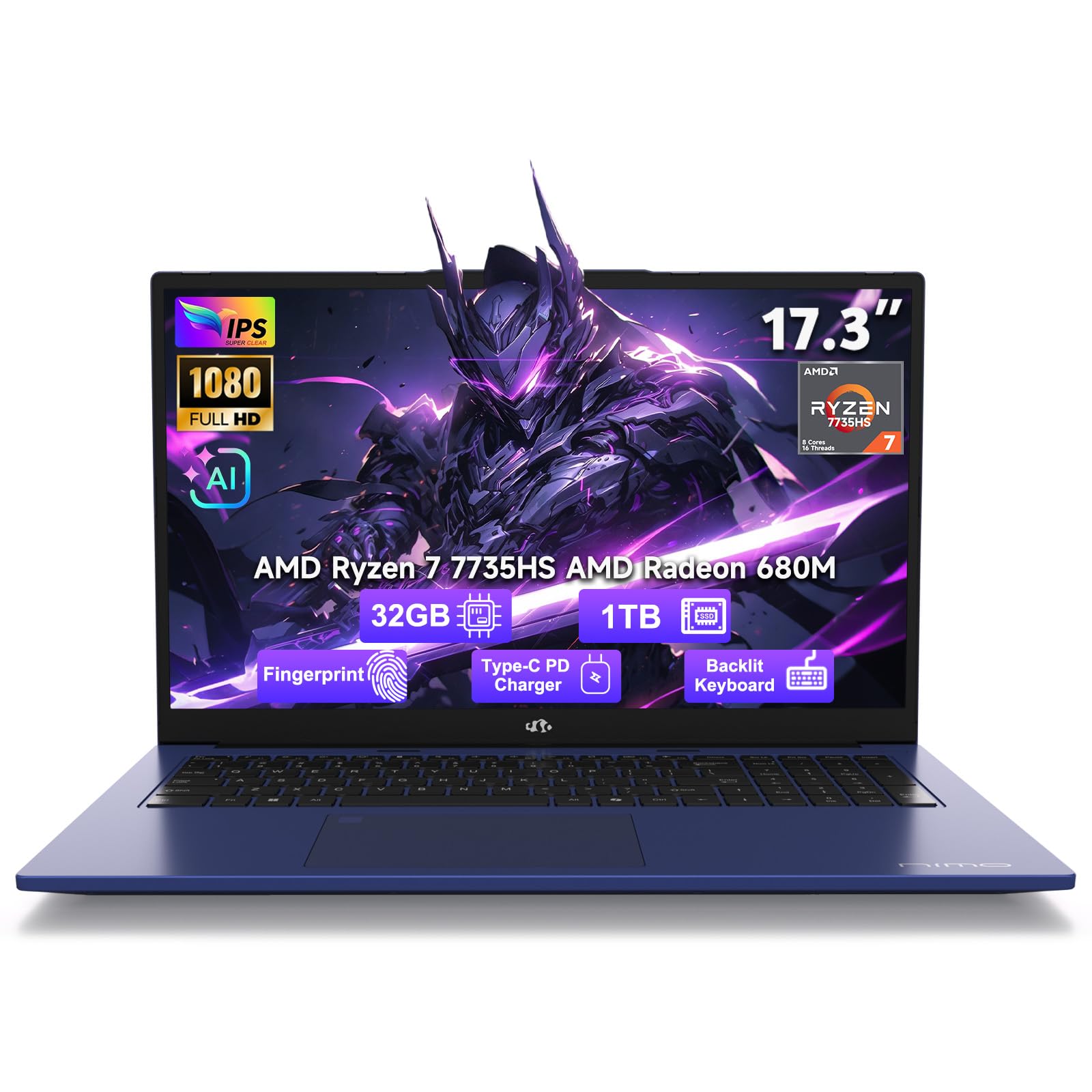 NIMO 17.3" AI Laptop 2026-2027, AMD Ryzen 7 7735HS 32GB DDR5 RAM 1TB SSD | (Up to 4.75 GHz, Beat i7-12650H) Radeon 680M, WiFi 6E 100W Fast PD 180° View Computer with 2-Yr Warranty for Online AI Tools