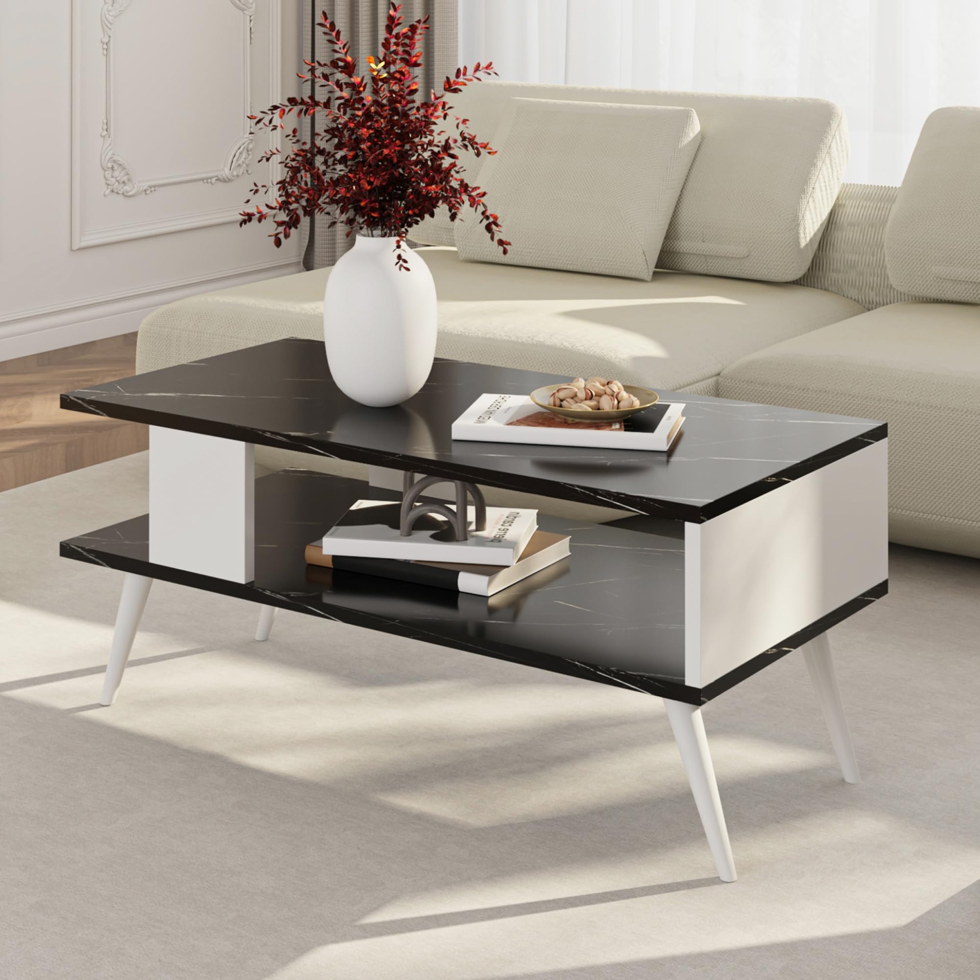 [en.casa] Mesa de Centro Rectangular Mesa Baja Estable con Estante para Salón Mesa Auxiliar Aglomerado 40 x 90 x 45 cm Mármol Negro/Blanco