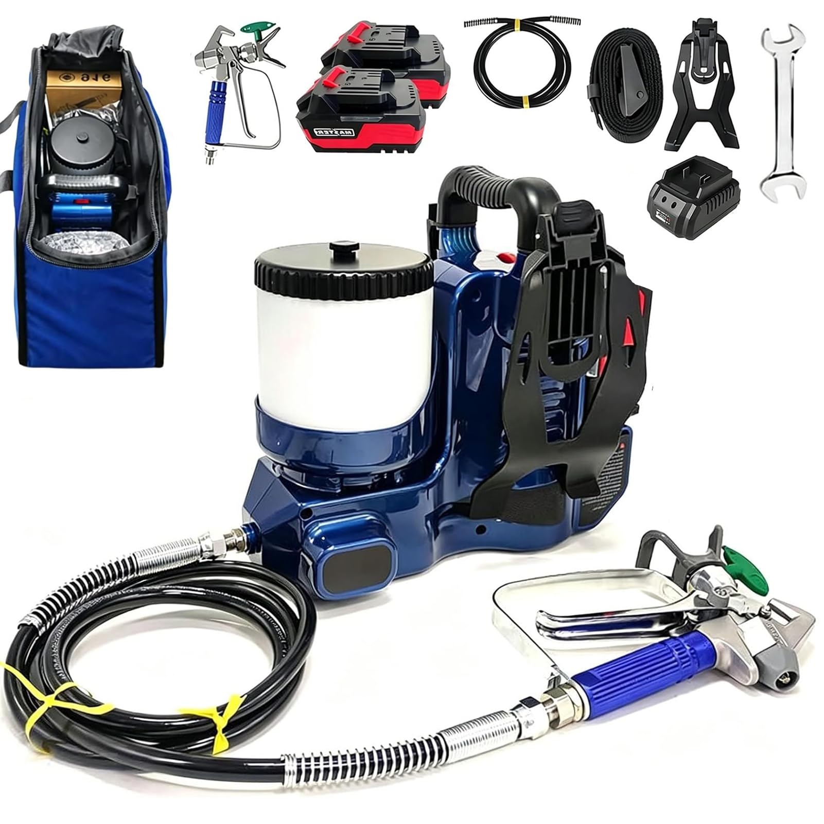 Pistola Pintura Bateria 21V (Kit con 2 Baterías), Máquina de Pintar Paredes Airless 550W, Pulverizador Pintura Eléctrico Portátil con Manguera, Presión Ajustable para Fachadas y Vallas