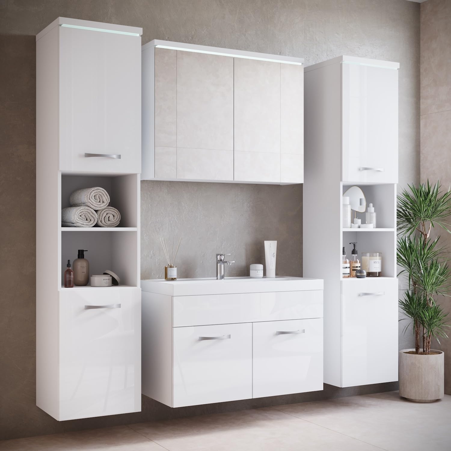 Badplaats B.V. Mobile da Bagno Paso XL 80cm Bianco Lucido - Armadio mobiletto lavabo Mobili Armadietto