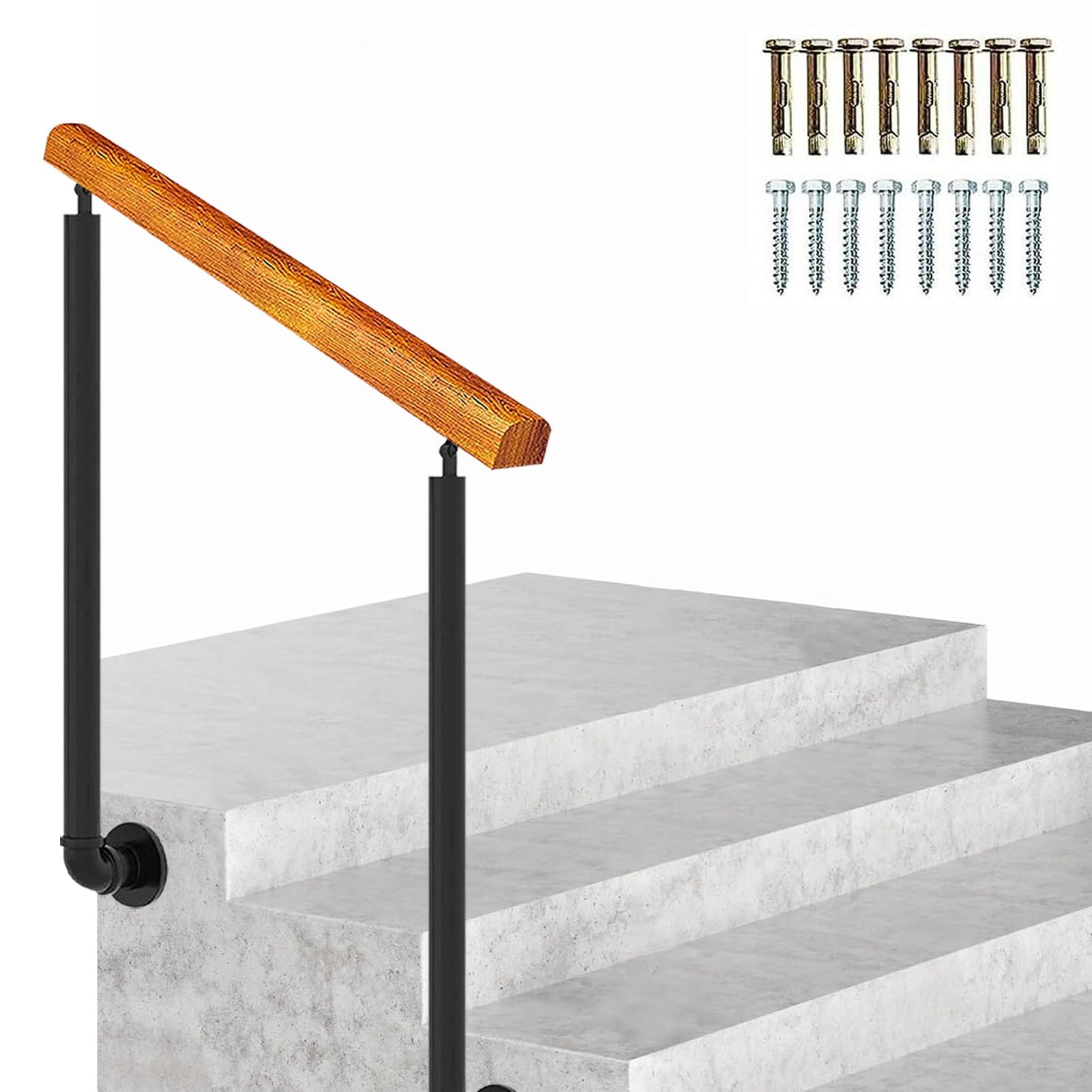Rampe en bois pour escalier extérieur et marches de porche avec main courante en fer réglable