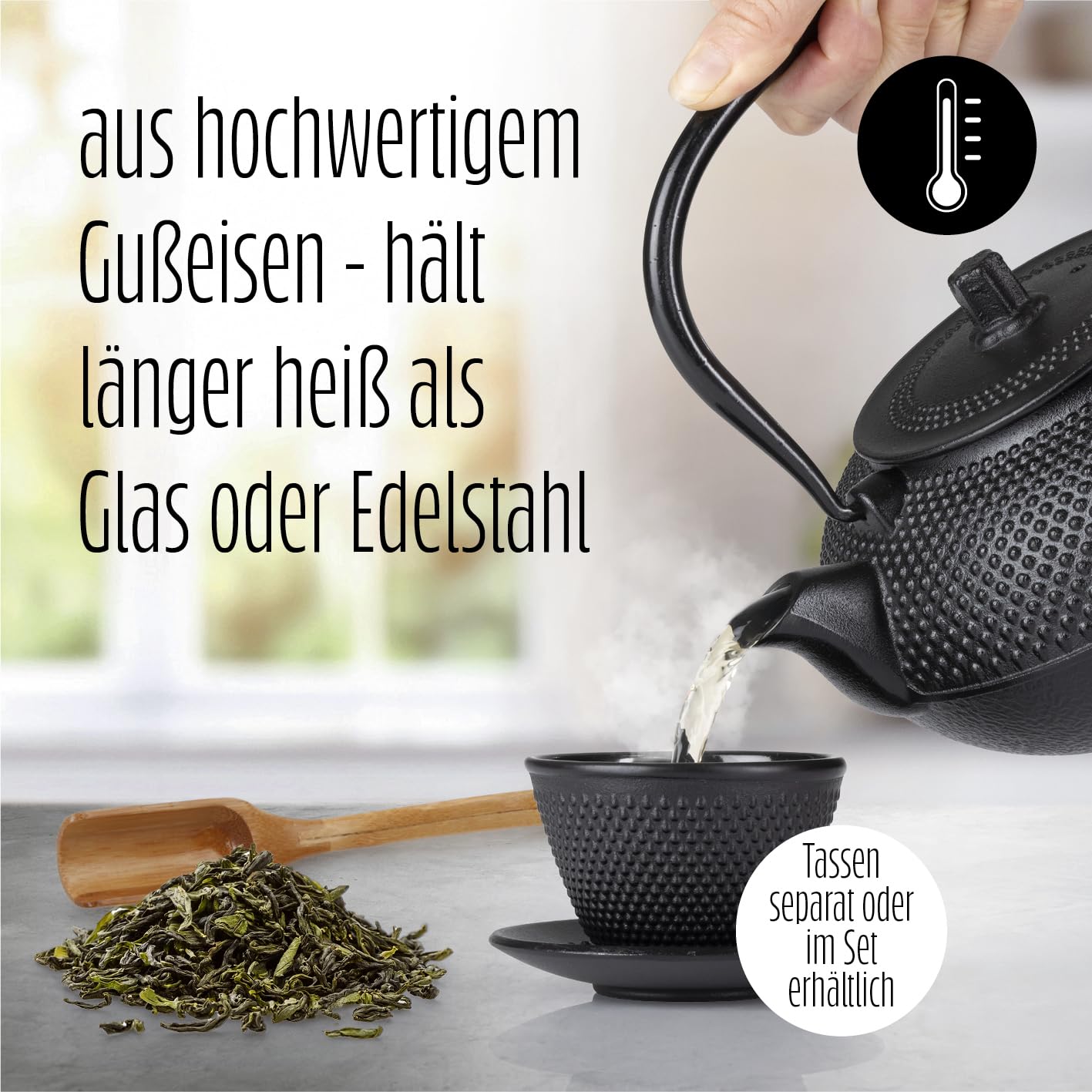 Lumaland Tee Kanne im Asia Hobnail Design | 1 x gusseiserne Teekanne (1,4 Liter) 1x Bambus Dosierlöffel 1 x Edelstahlsieb