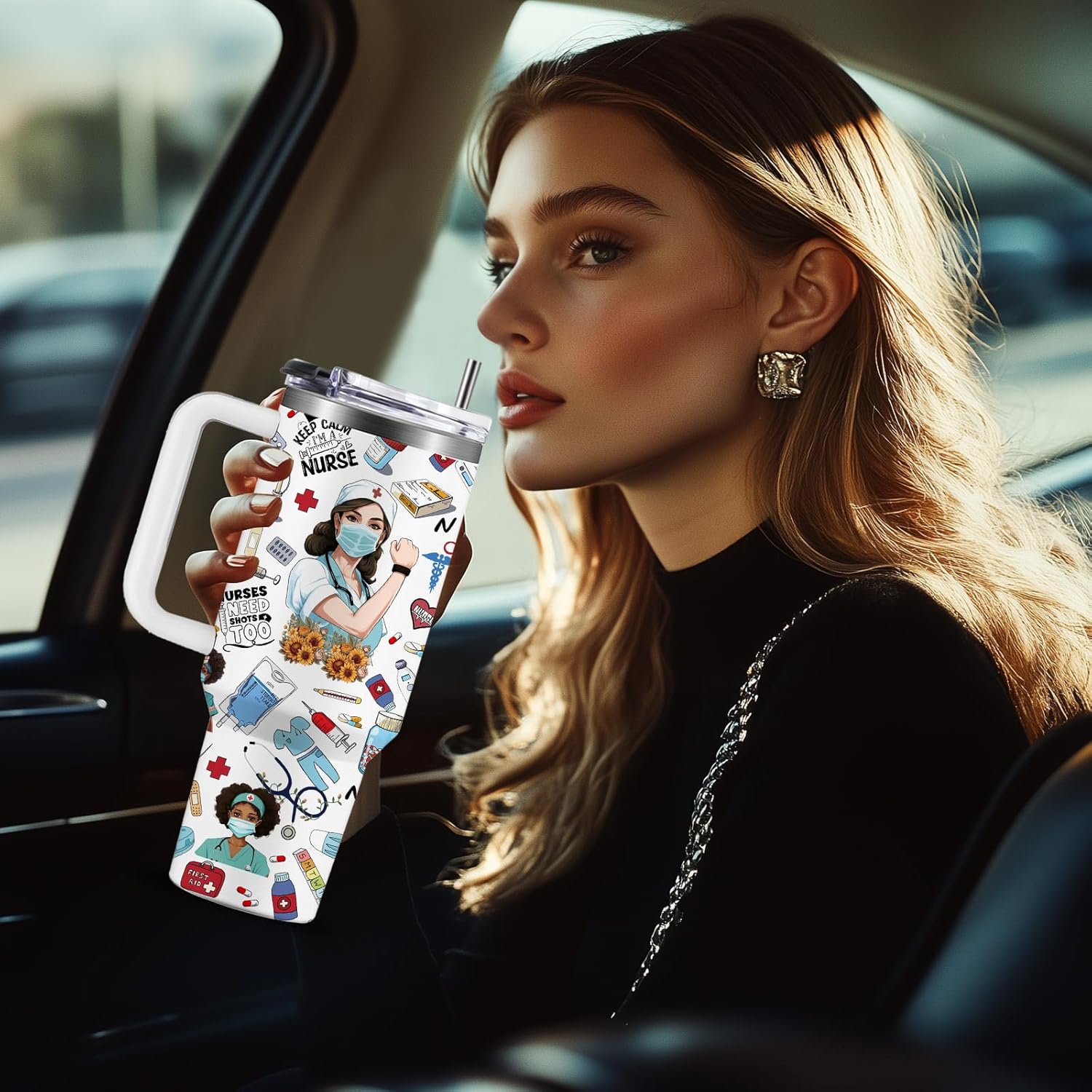 40oz Nurse Cups Tumbler with Handle Stainless Steel Nurse Appreciation Gifts for Women Coffee Travel Mug, Nurses Week Nursing School Graduation Gifts - Image 2