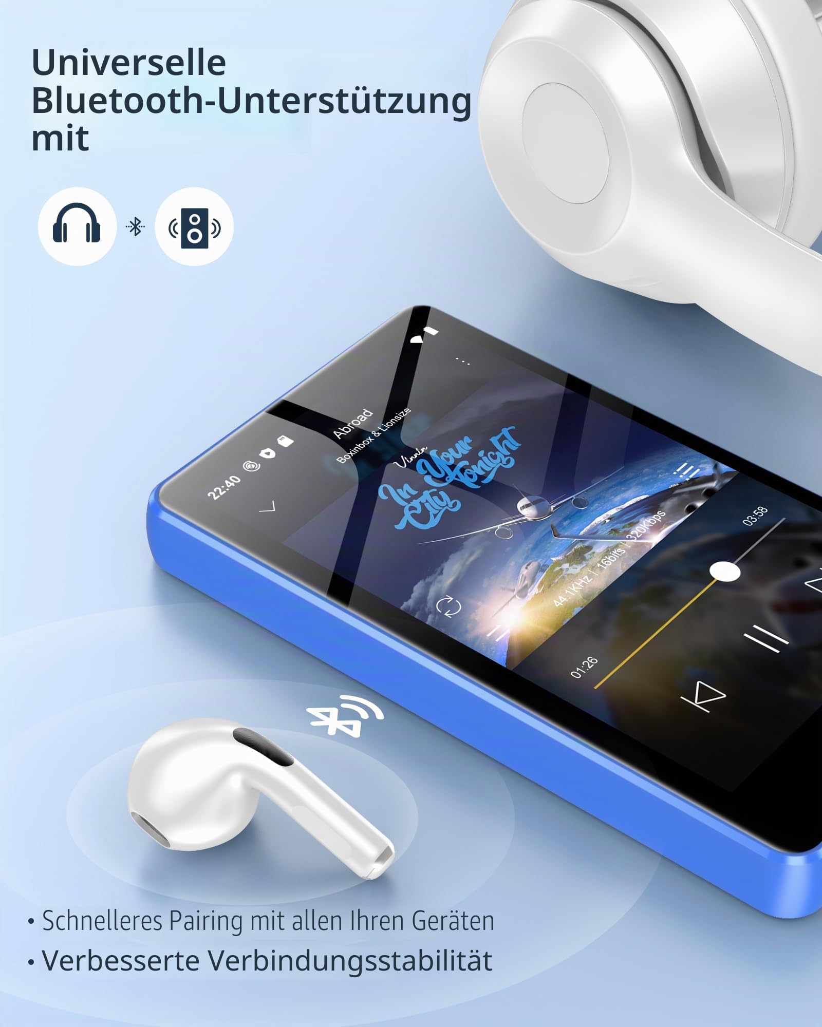 80GB MP3 Player Spotify mit Bluetooth & WLAN, 4,02 Zoll Touchscreen Musik Player mit Integriertem Spotify, Amazon Music, Deezer, FM-Radio, Sprachrecorder, Blau