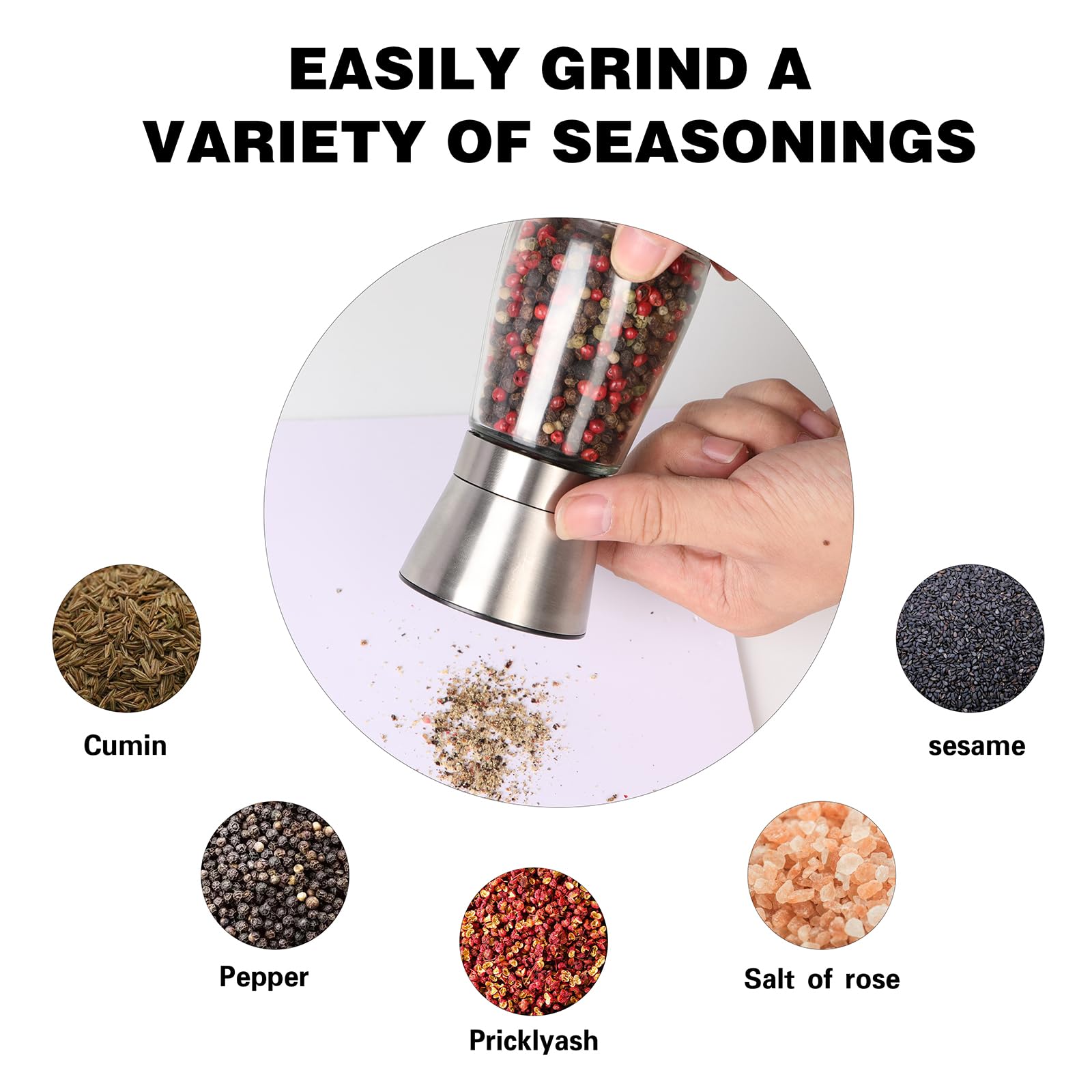 Salt and Pepper Grinder Set Refillable, Salt Pepper Grinder Shaker Stainless Steel Glass Pepper Mill with Adjustable Coarseness — Amazon image 2