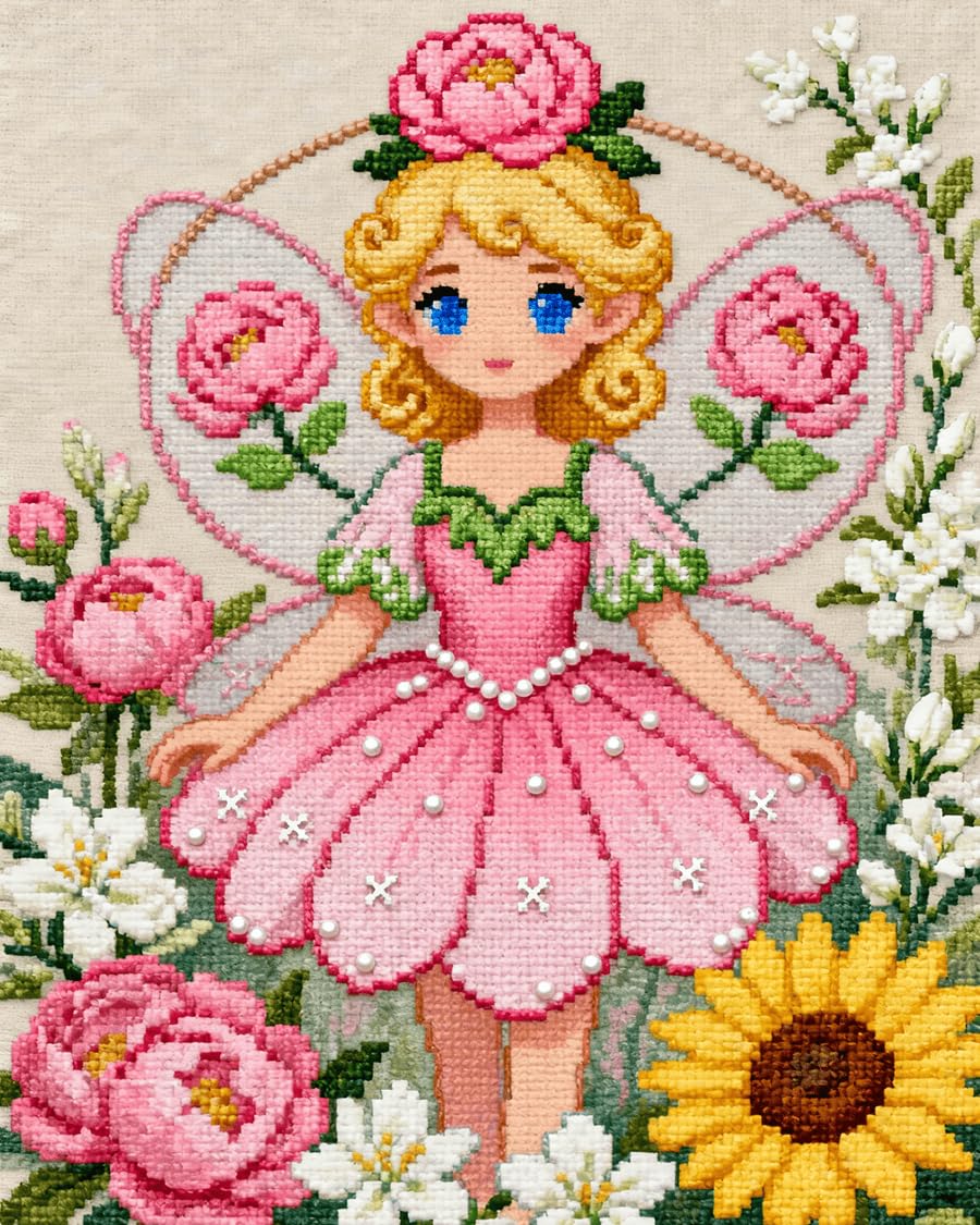 WallustrioaW Cross Stitch Kits for Adults,Fairy Flower Girl,Stamped 11CT Printed Cross Stitch,Embroidery Kits for Beginner Wall Art Home Decoration,16x20in