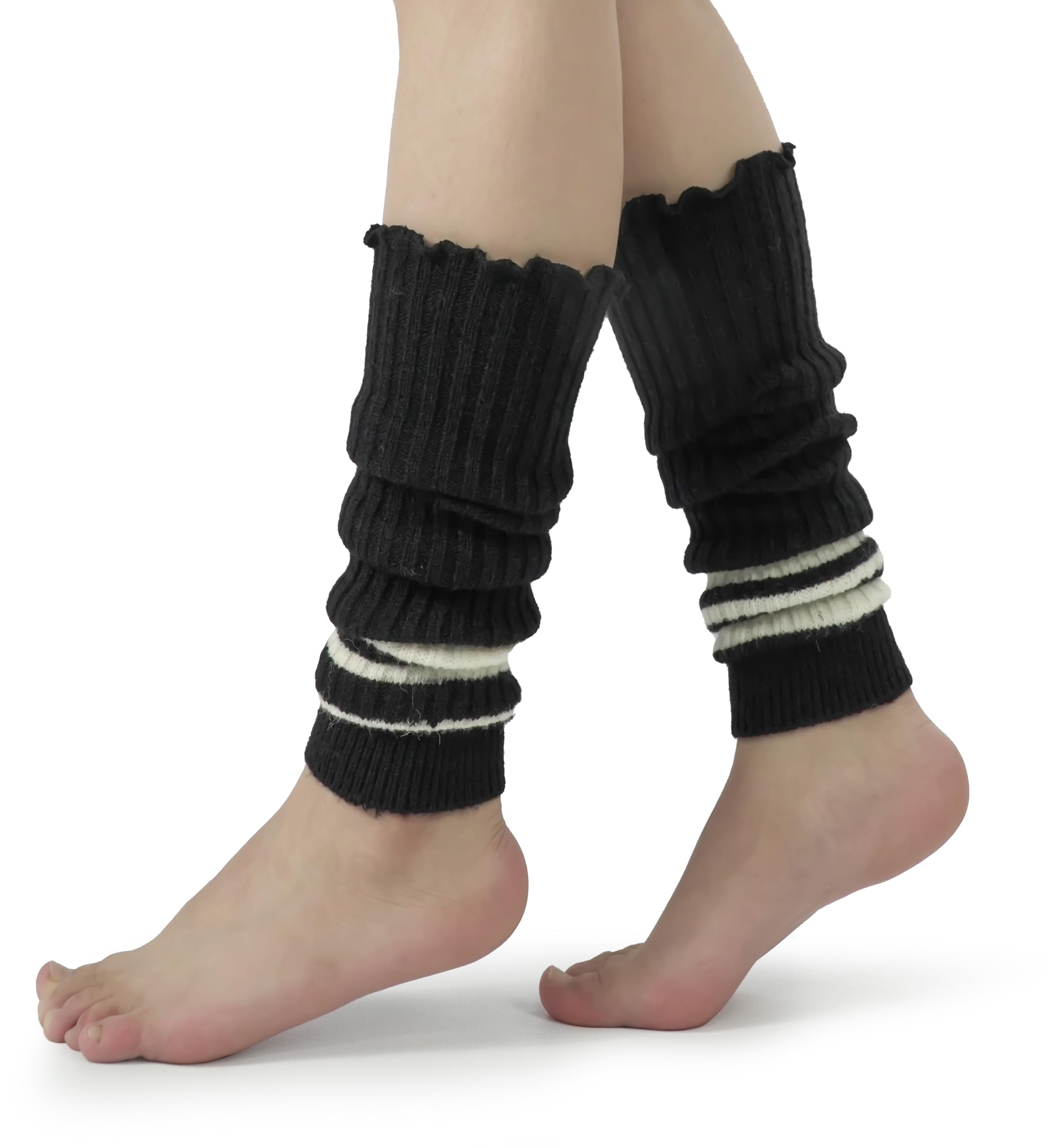 BomKinta Women Leg Warmers with Holes - Fashion Ruffle Stripe Leg Sleeves - Retro Knee High Footless Socks