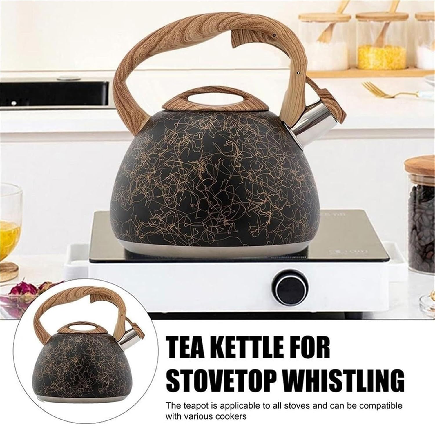 Black Tea Kettle Stovetop, Whistling Tea Pots for Stove Top Teapot with Wood Pattern Cool Touch Handle, Food Grade 304 Stainless Steel Teakettle for Tea, Coffee, Milk