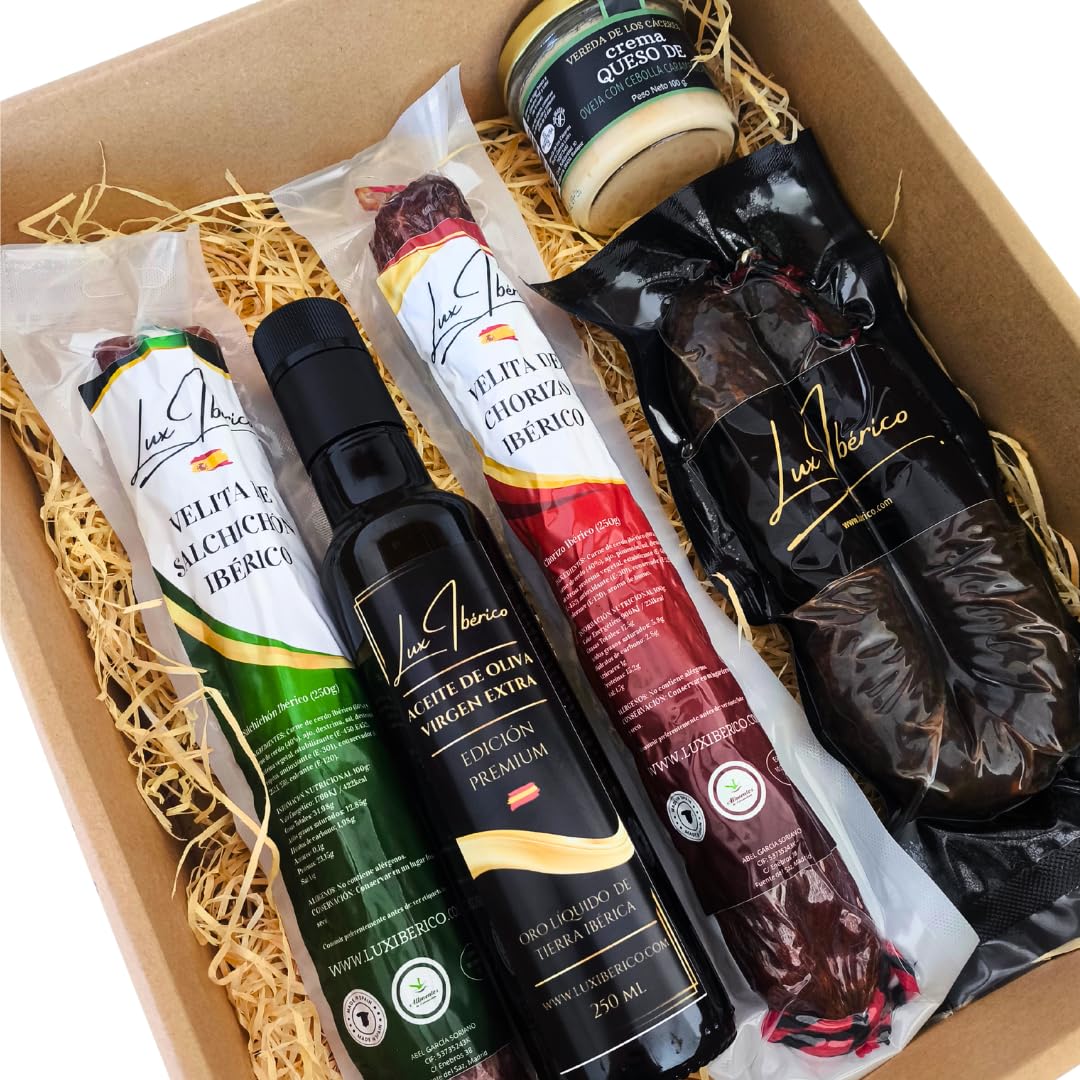 LUX IBÉRICO - Lote "Norbensis" - Embutido, Morcilla Picante y Aceite | Velitas de chorizo y salchichón ibérico, achorizada picante, crema de queso y aceite de oliva virgen extra. Para regalar.