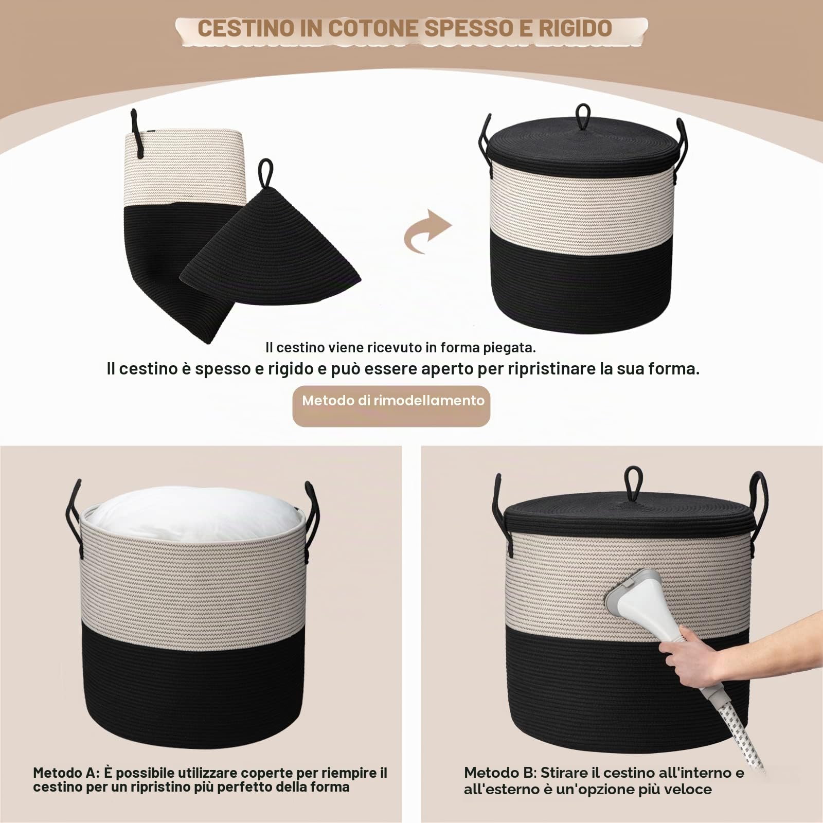Cesto extra large in corda di cotone con coperchio, 53,3 cm x 45,7 cm (larghezza x altezza), cesto portaoggetti rigido spesso per soggiorno, grande cesto portaoggetti in tessuto, 115 l, nero