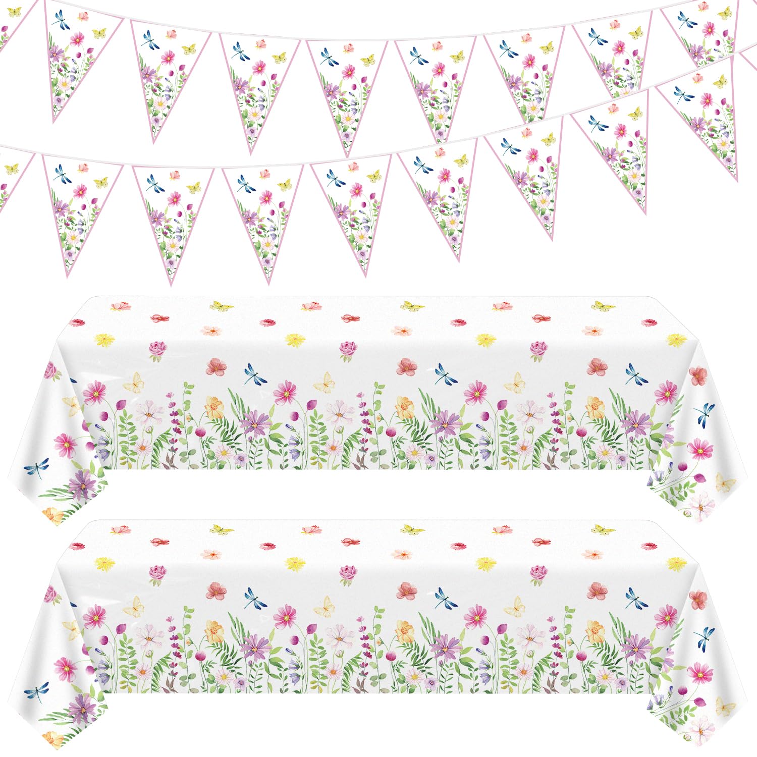 4 Pack Spring Floral Tablecloth Wild Flowers Table Cloth Plastic 2 x Spring Floral Table Cloth Flower Table Cover 51 x 86 Inches 2 x Wildflower Element Banners for Flower Wedding, Babyshower, Birthday