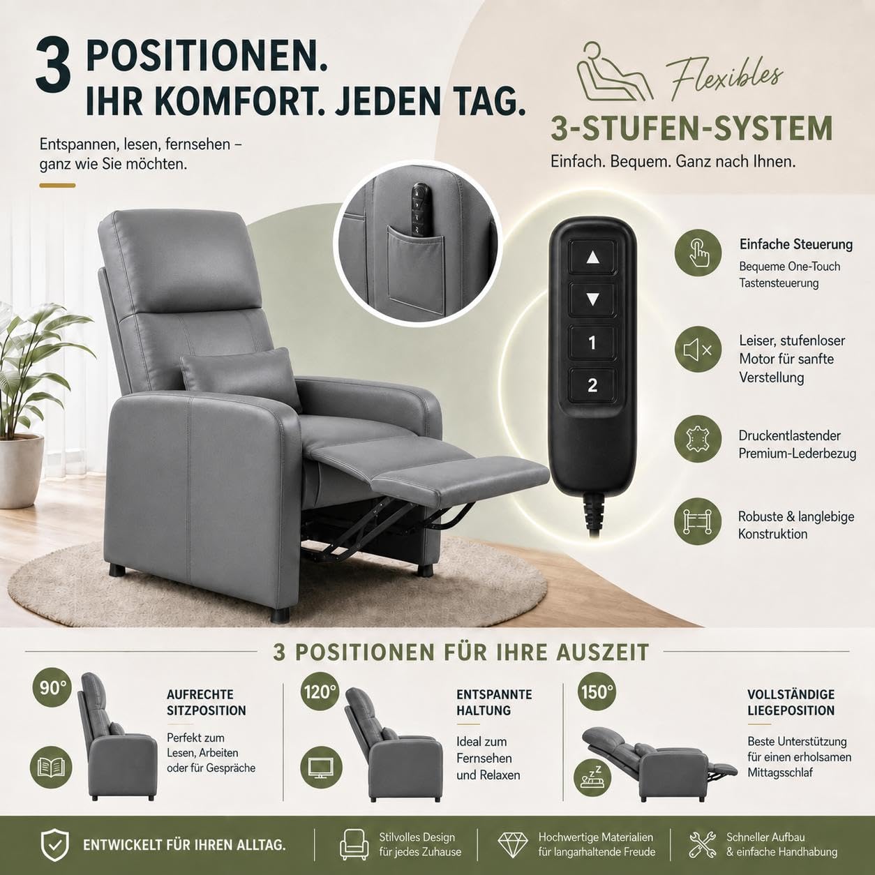 Elektrisch Verstellbarer Relaxsessel für Zuhause | 8 Modi & Heizfunktion | PU-Leder | hohe Rückenlehne | verstellbare Fußstütze | USB | Seitentaschen
