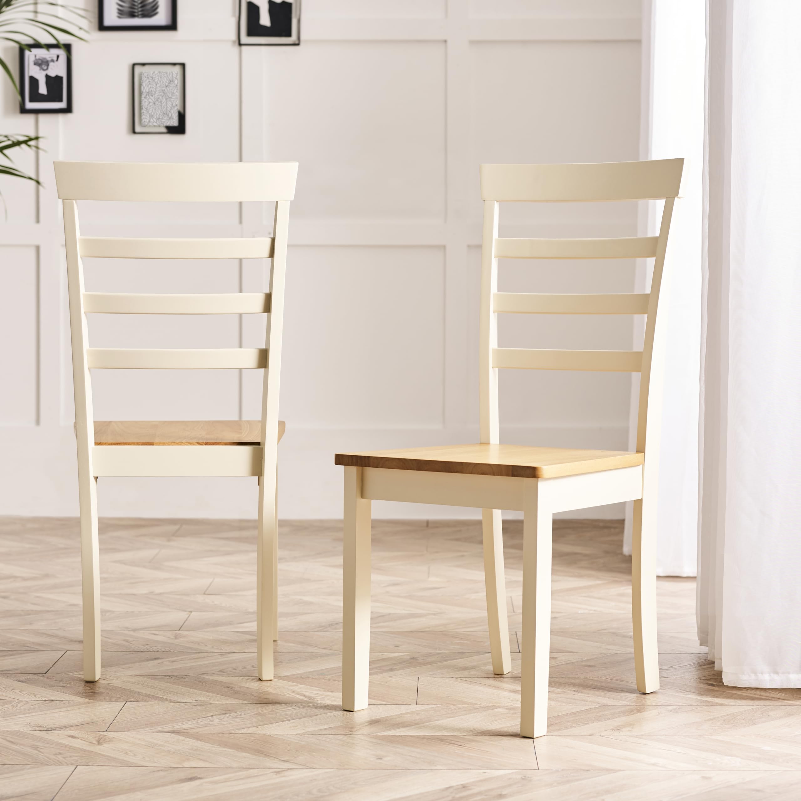 Furniturebox UK Wood Dining Chairs - Whitby Cream Wooden - Pale Oak Stain Seat - Modern Traditional Farmhouse Style - Solid Rubberwood Pair