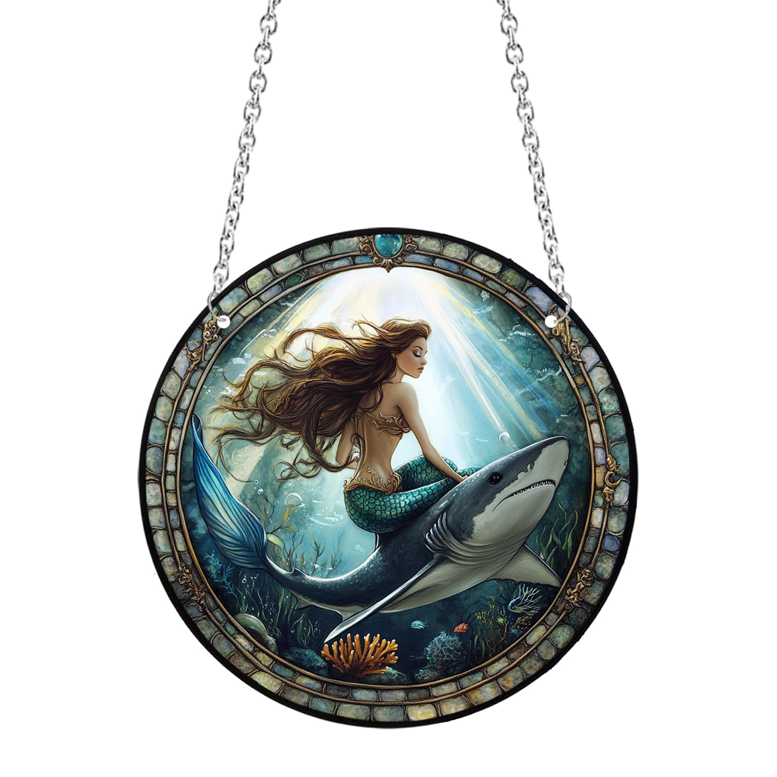 Xuoxeji Mermaid Stained Acrylic Window Hanging, 30cm/11.8in Mermaid Stain Acrylic Ornaments, Mermaid Gifts for Mermaid Lovers Women (Mermaid 30cm/11.8in)