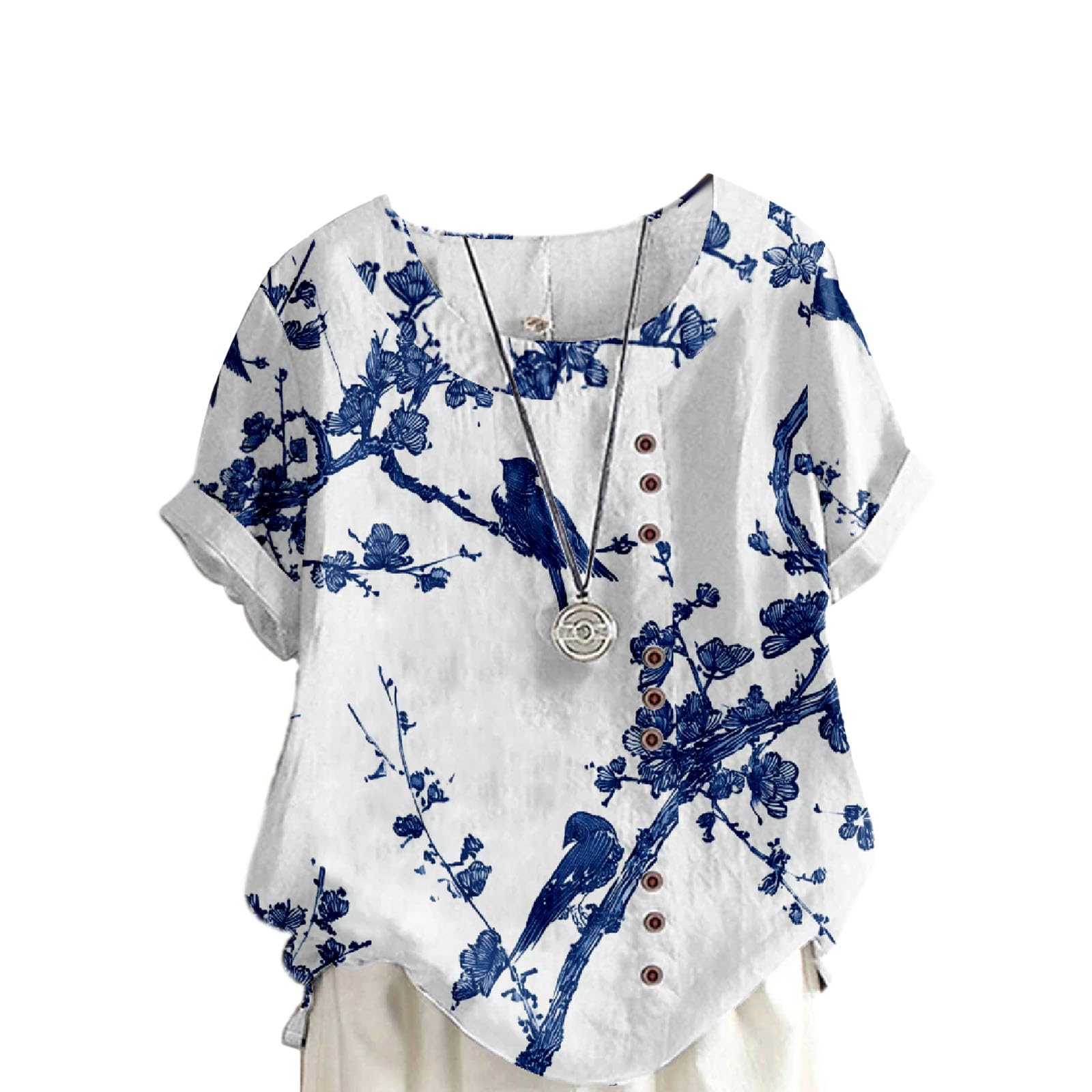 Zhyaj Women's Boho Floral Print Oversized Short Sleeve Blouse Ladies Crewneck Cotton Linen Blend Casual Button Tunic Tops