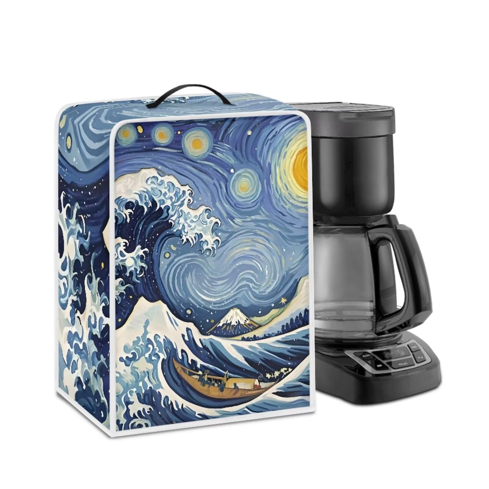 Starry Night Great Wave Print Coffee Maker Covers With Top Handle Folding Coffee Machine Dust Covers For Blender Mixer Juice Machine Keep Office Home Kitchen Clean