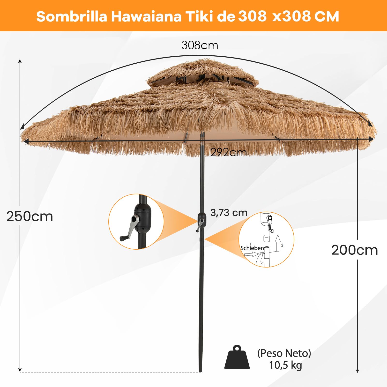 COSTWAY Sombrilla Terraza Exterior con Techo de Paja, Sombrilla Hawaiana con 8 Varillas, Botón para Inclinación, Parasol Exterior con Doble Respiradero para Playa Patio Piscina