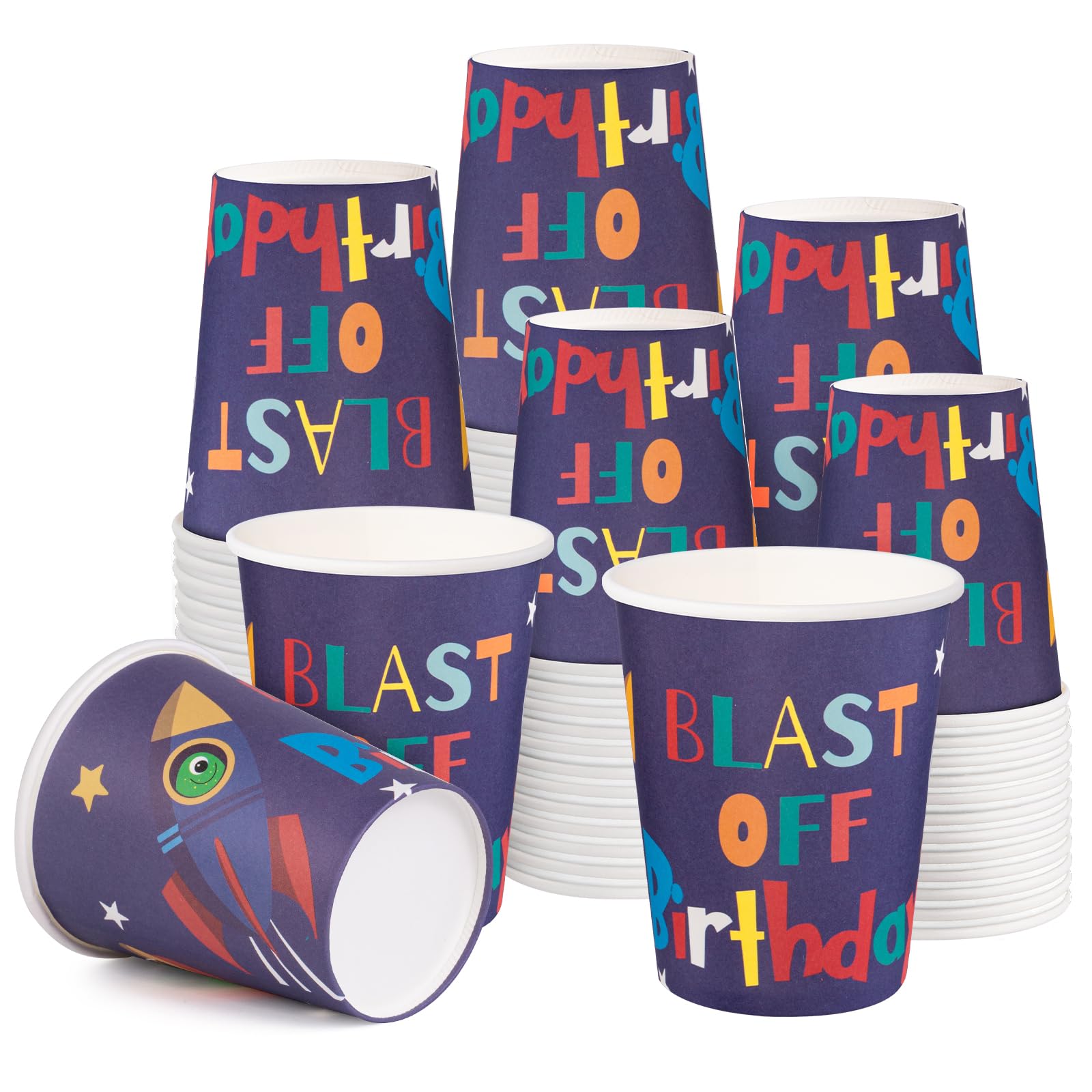 WRAPAHOLIC 50 Pcs Birthday Paper Cups - 9 oz Rocket Planet Disposable Cups, Coffee Cups, Hot/Cold Beverage Drinking Cups for Water Juice, Perfect for Home, Office and Party Supplies