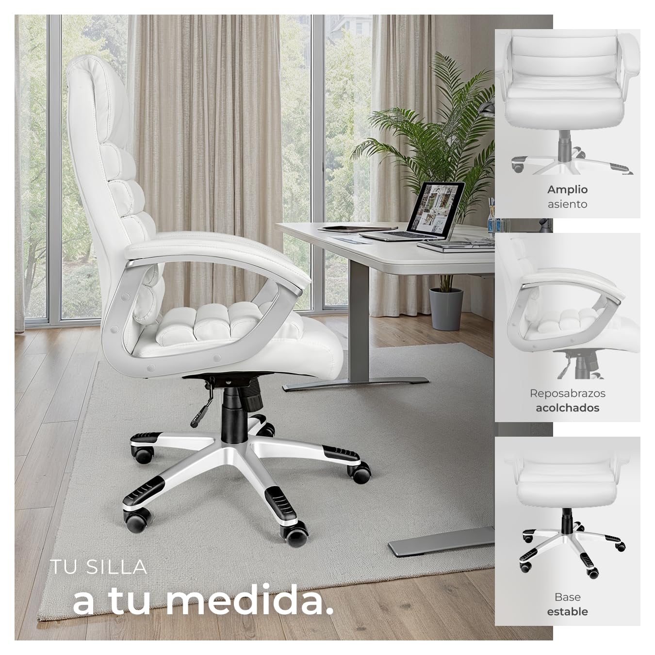 tectake®, Silla Oficina Ergonómica, Sillón Escritorio Ajustable, Silla Giratoria con Base de Ruedas, Altura Regulable, Acolchado Extra Grueso, Ergonómico, Basculante, 360° Rotación - Blanco