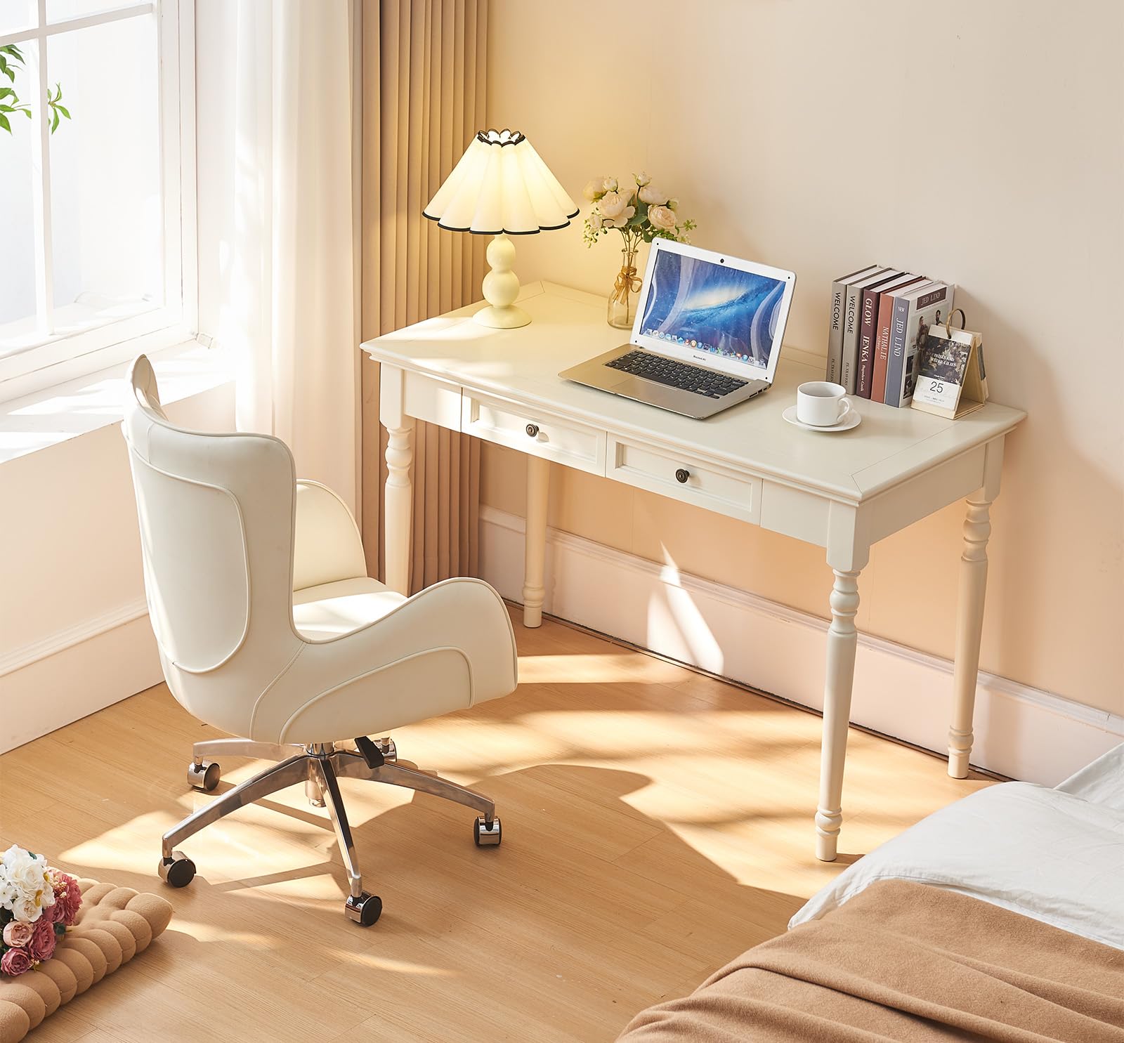 ADORZ Weißer Schreibtisch mit Schubladen, 120 cm | Home-Office-Schreibtische aus Massivholz, Schreibtisch für Heimbüro, Arbeitszimmer oder Schlafzimmer