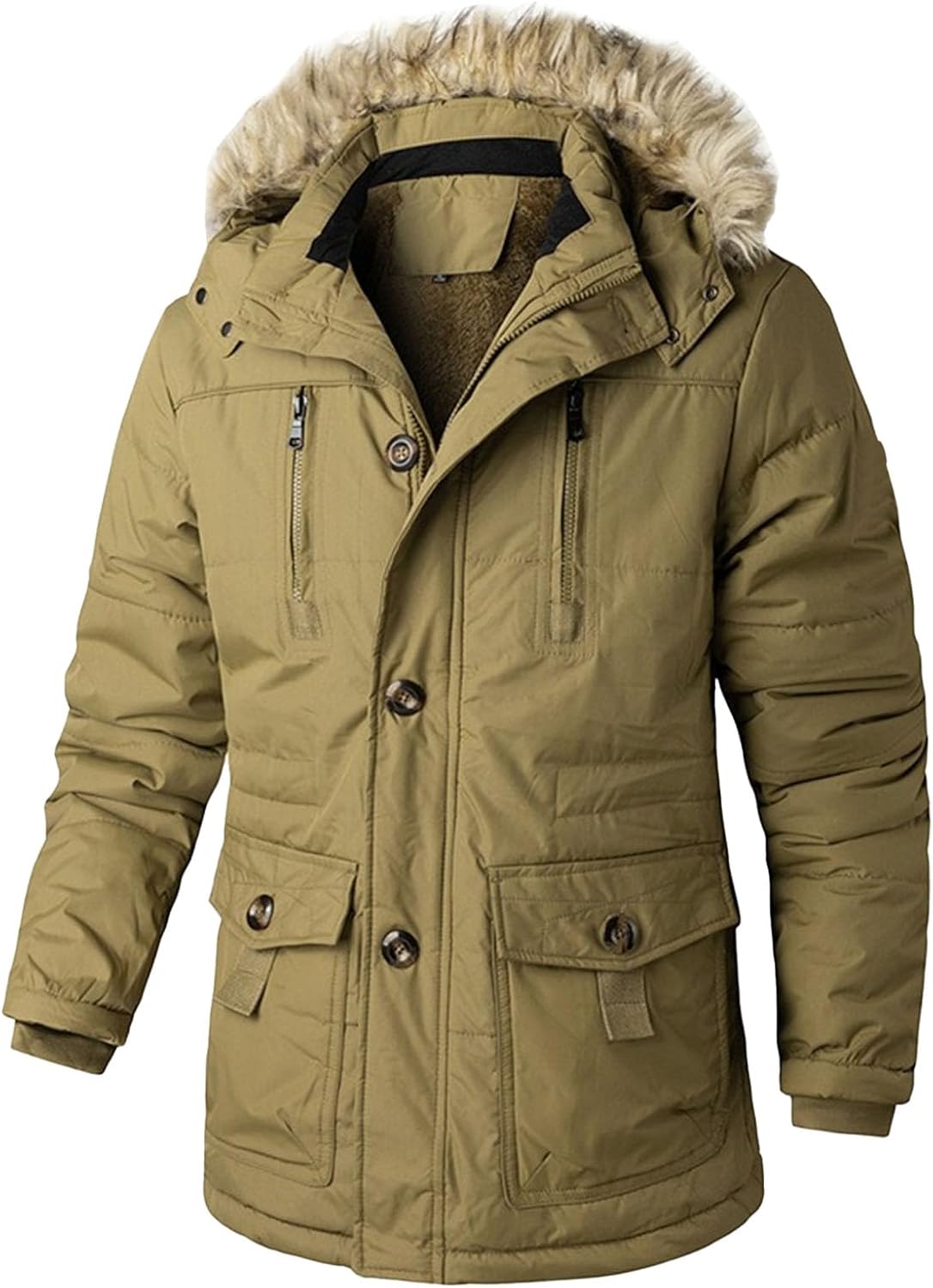 Men Zipper Hooded Down Coat with Pocket Comfy Faux Fleece Lined Cotton Jacket Winter Classic Faux Velvet Outerwear