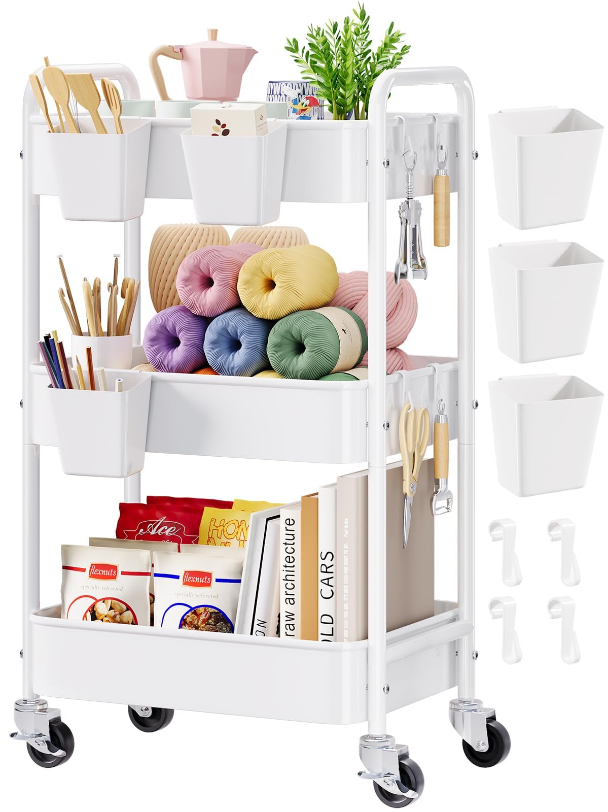 Photo 1 of 3 Tier Rolling Cart Metal with Wheels, White Three Tiered Craft Cart Organizer on Wheels, Storage Utility Carts for Art, Baby Nursery,Diaper Caddy, Cleaning Supplies, Nail,Lash,Snack,Book,Roller Shelf