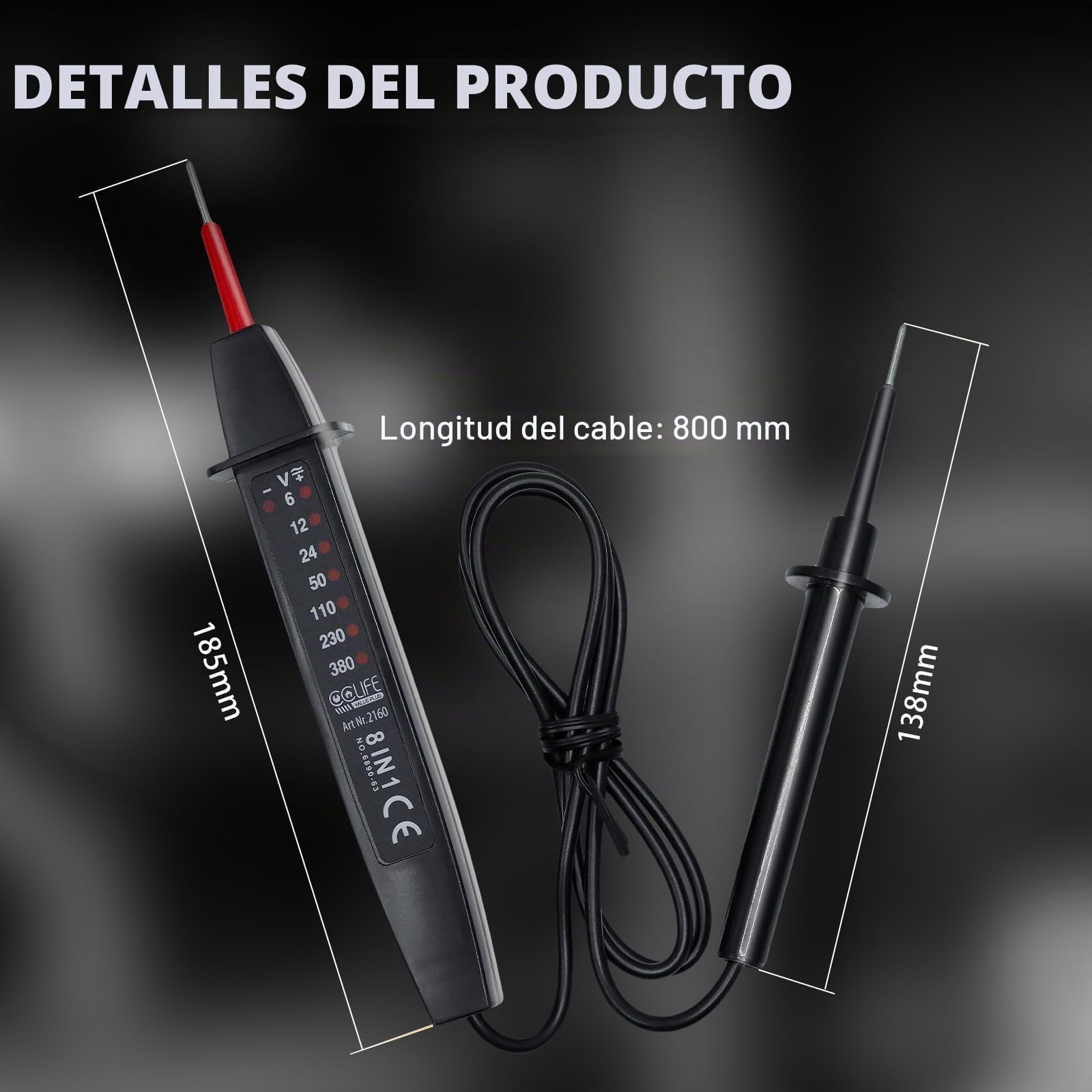 CCLIFE Probador de Tensión Bipolar 6-380V AC/DC con Pantalla LED – Test de Fase Robusto y Ergonómico (sin batería)